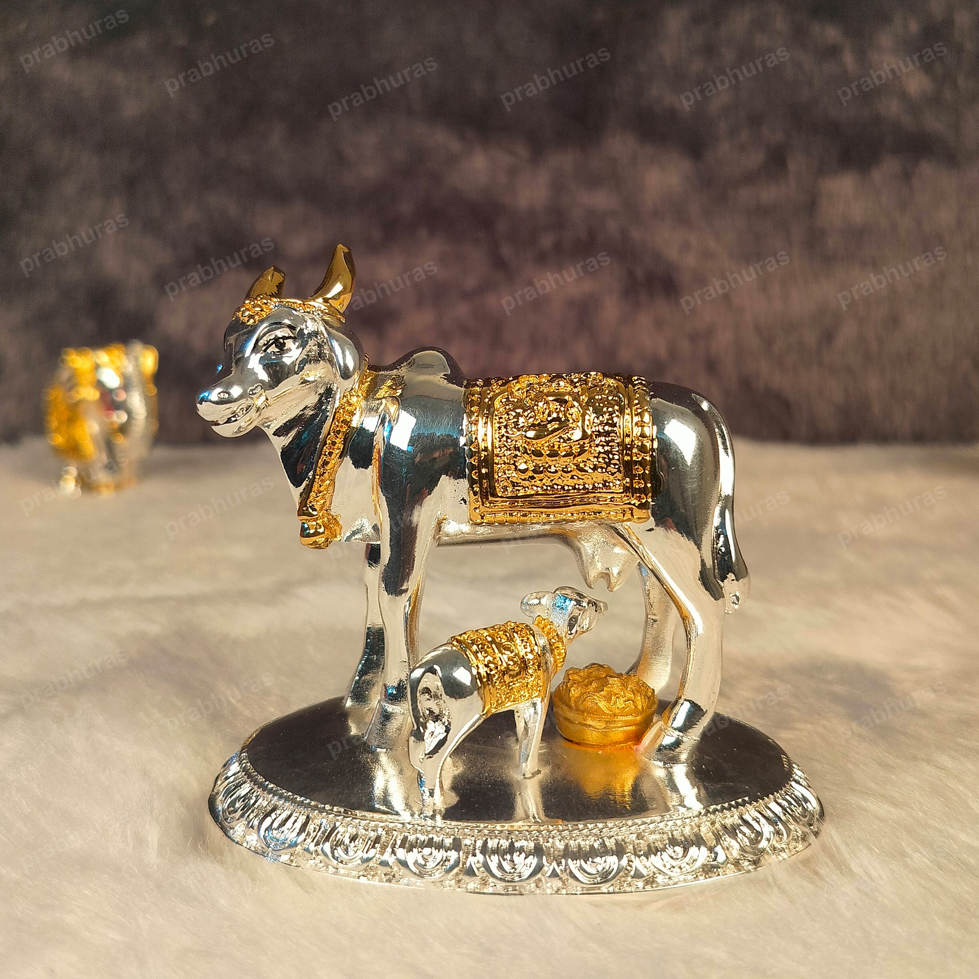 Kamdhenu Cow and Calf Statue Gold And Silver Coated