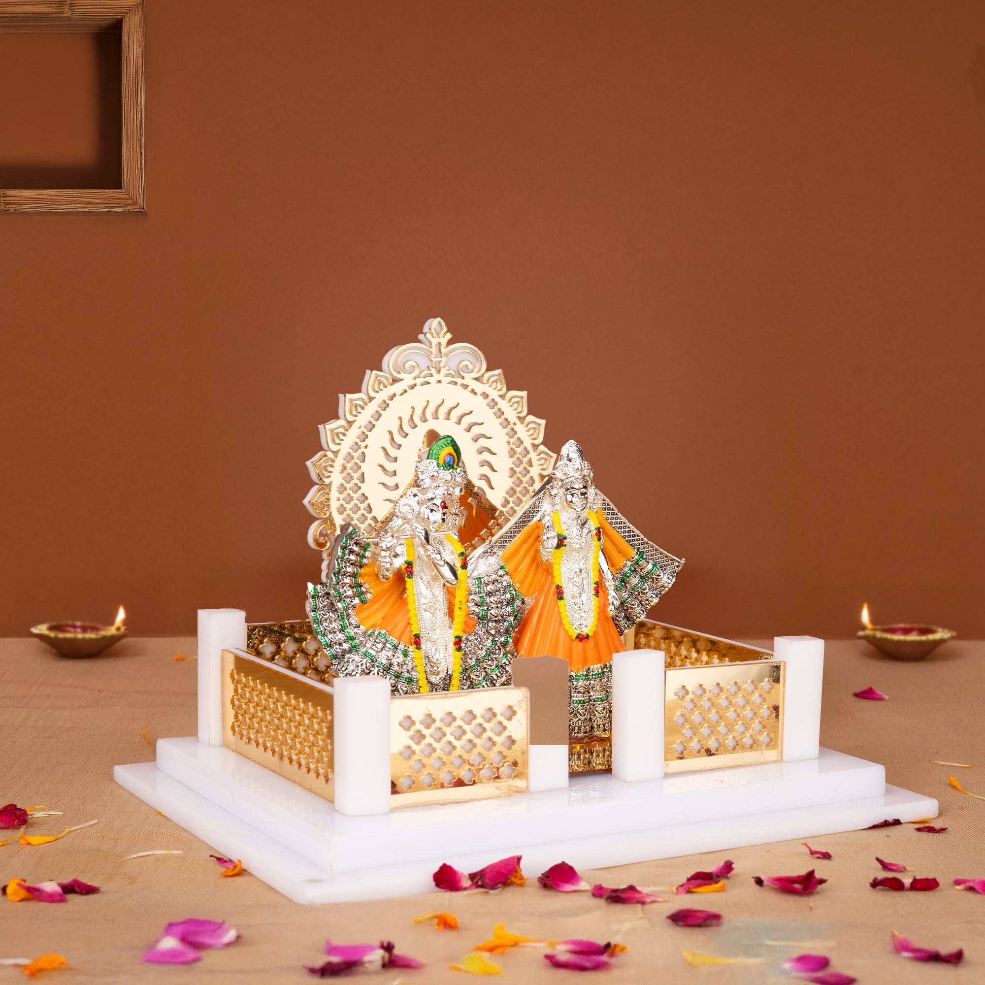 Radha Krishna Idol with Acrylic Temple Gold And Silver Divine Decorative Showpiece for Home Mandir & Gifting