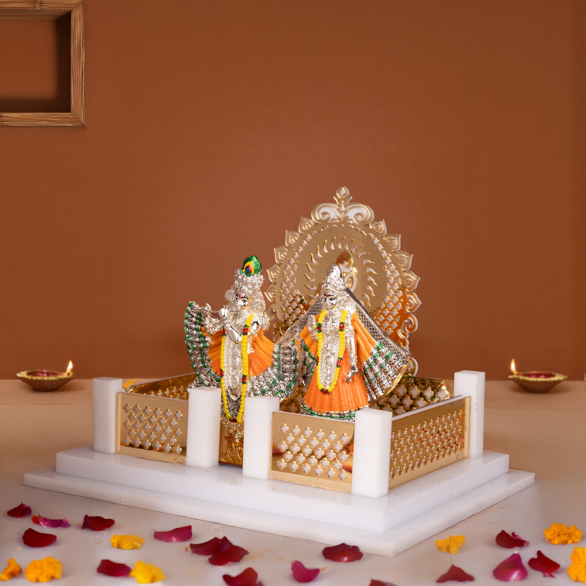 Radha Krishna Idol with Acrylic Temple Gold And Silver Divine Decorative Showpiece for Home Mandir & Gifting