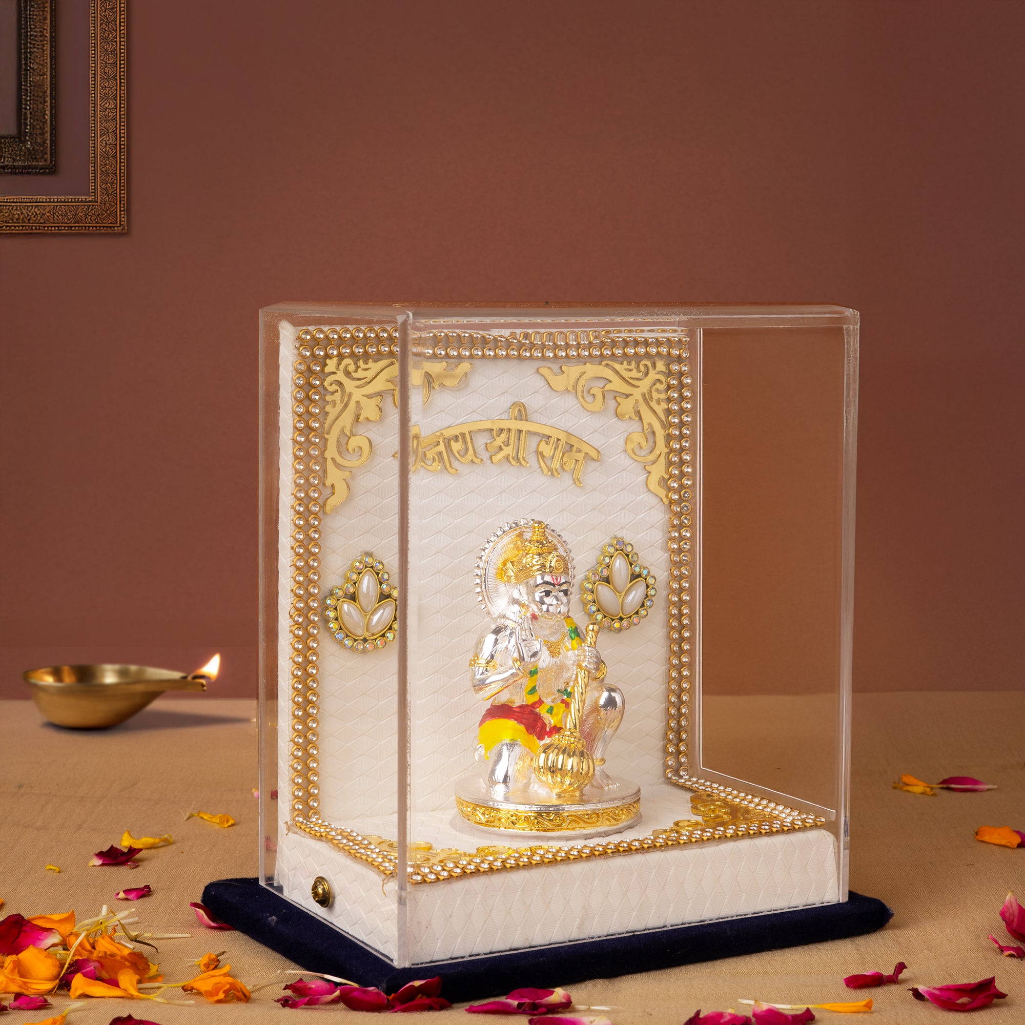Jai Shree Ram Hanuman Ji Idol in Decorative Acrylic Case Gold And Silver Coated | Divine Tabletop Showpiece for Home & Office Mandir