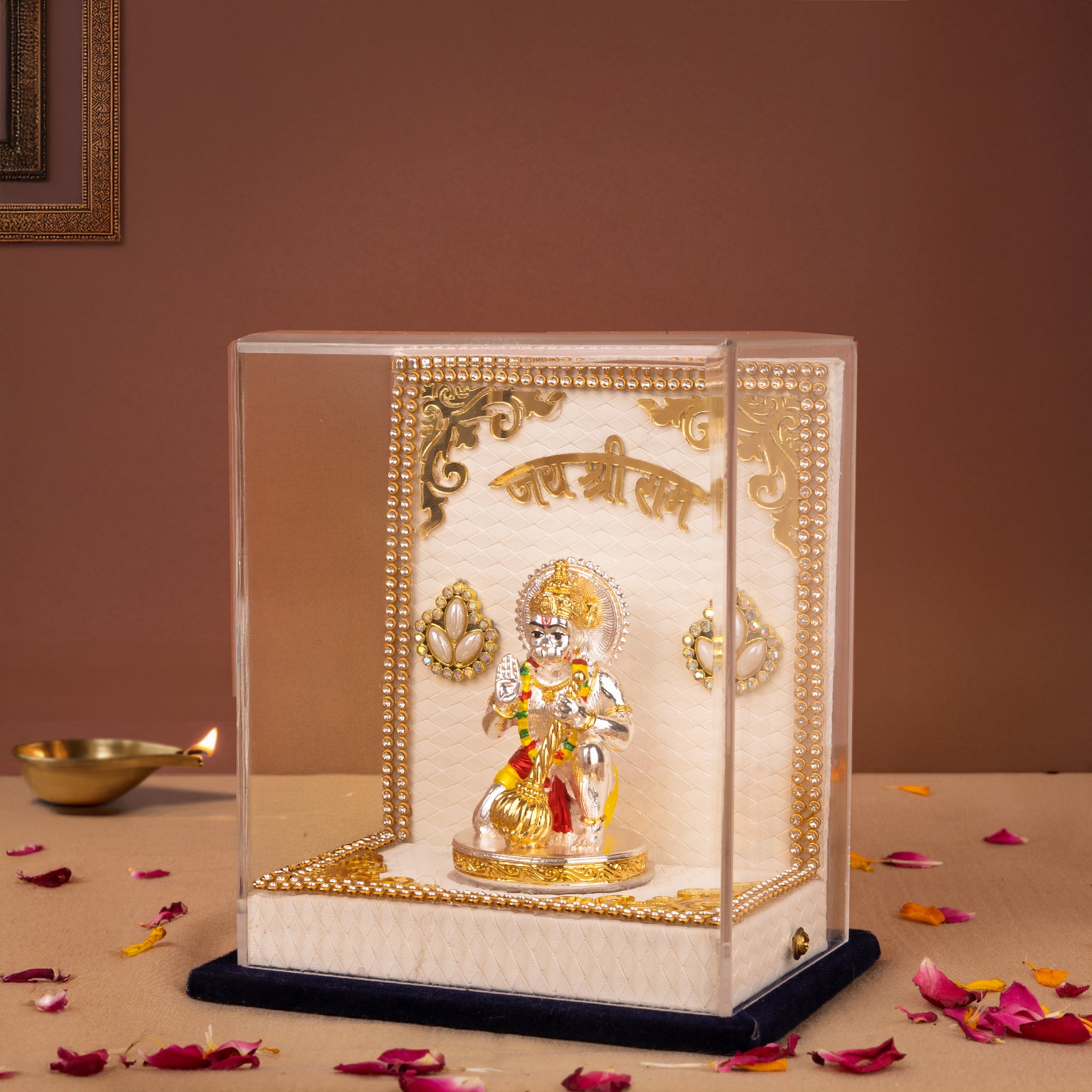 Jai Shree Ram Hanuman Ji Idol in Decorative Acrylic Case Gold And Silver Coated | Divine Tabletop Showpiece for Home & Office Mandir