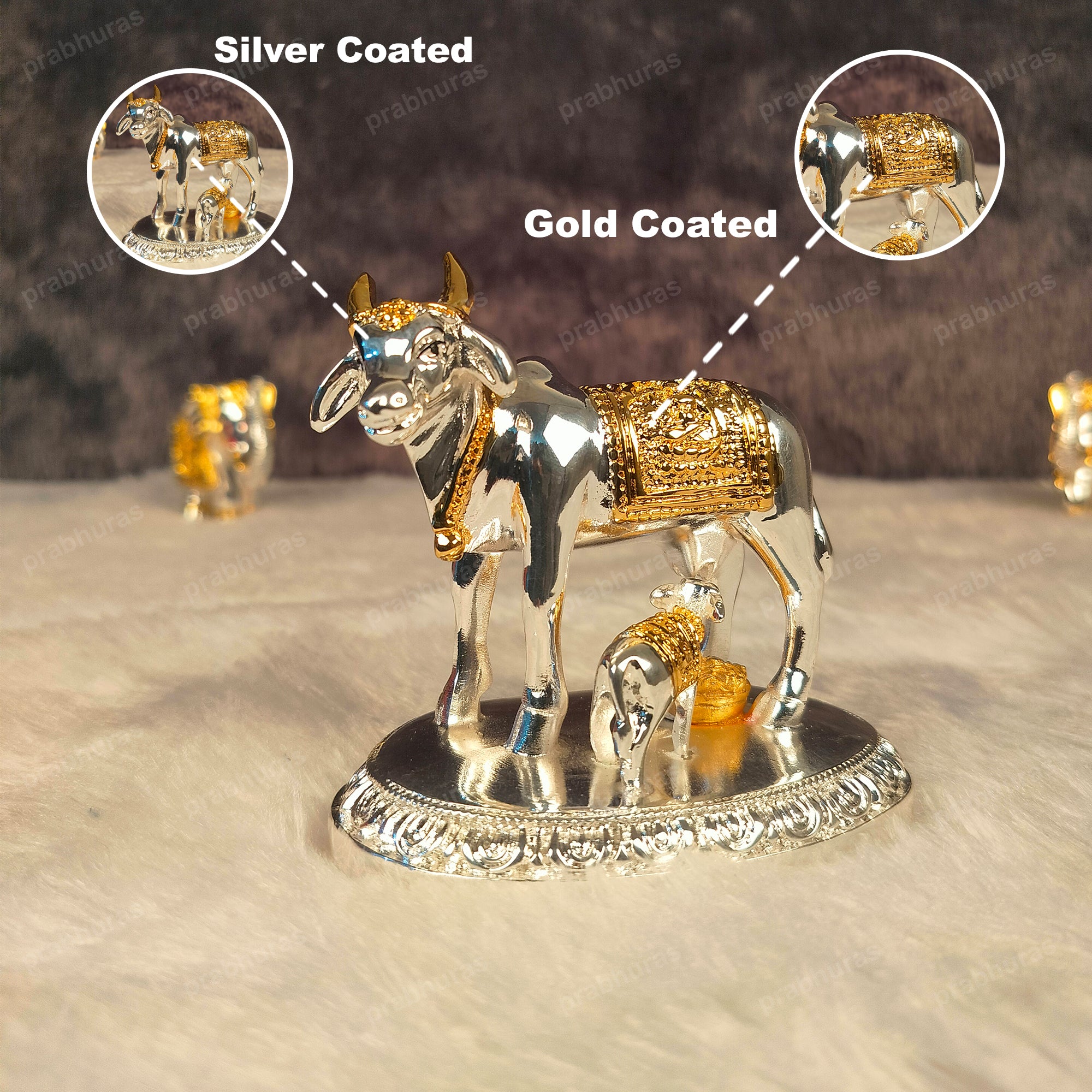 Kamdhenu Cow and Calf Statue Gold And Silver Coated