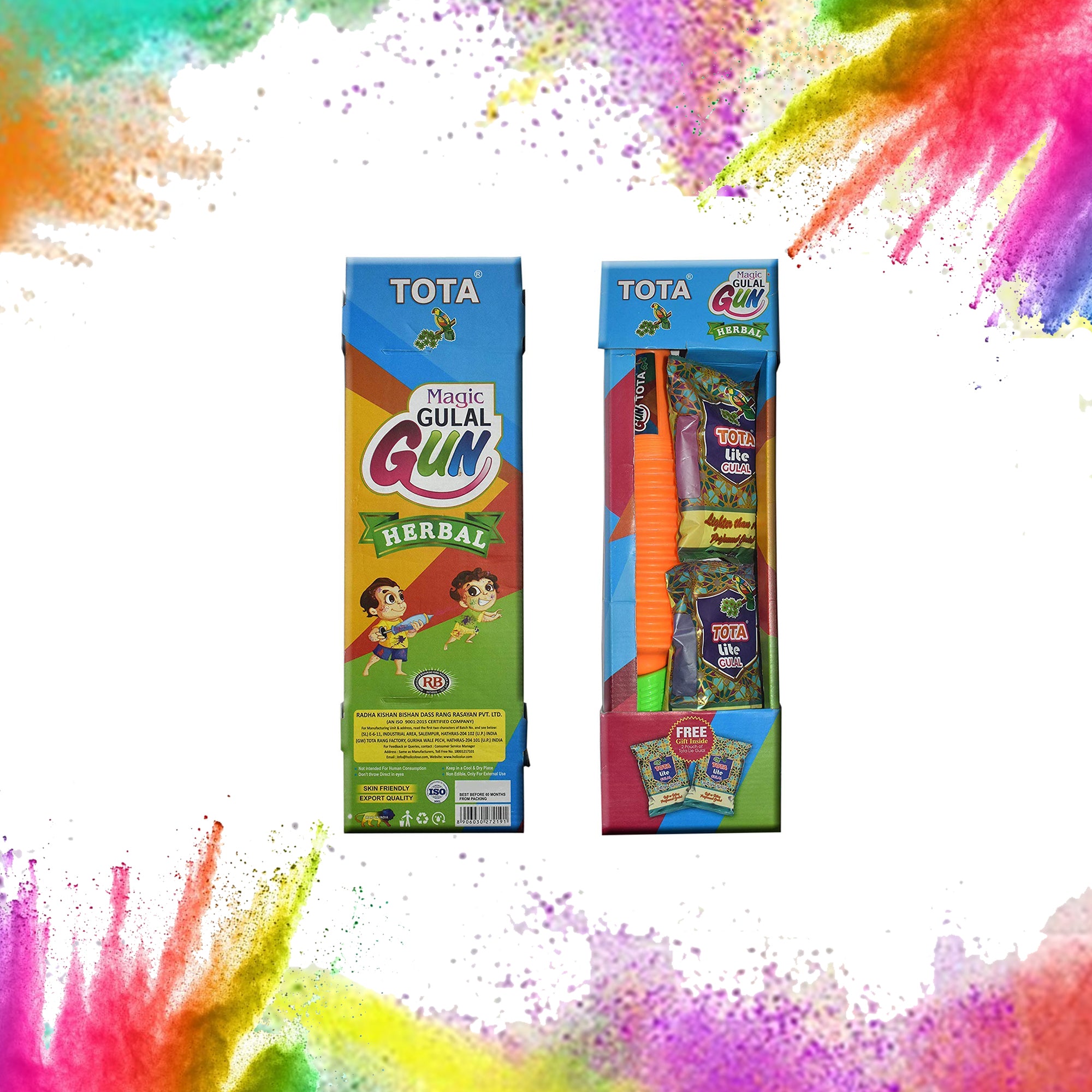 Gun for Holi - Sprays Dry Colors in Air | Natural and Herbal Holi Kit for Kids Festivals and Holi Celebrations - 1 Refillable Pichkari and 2 Packets of Gulal Colors