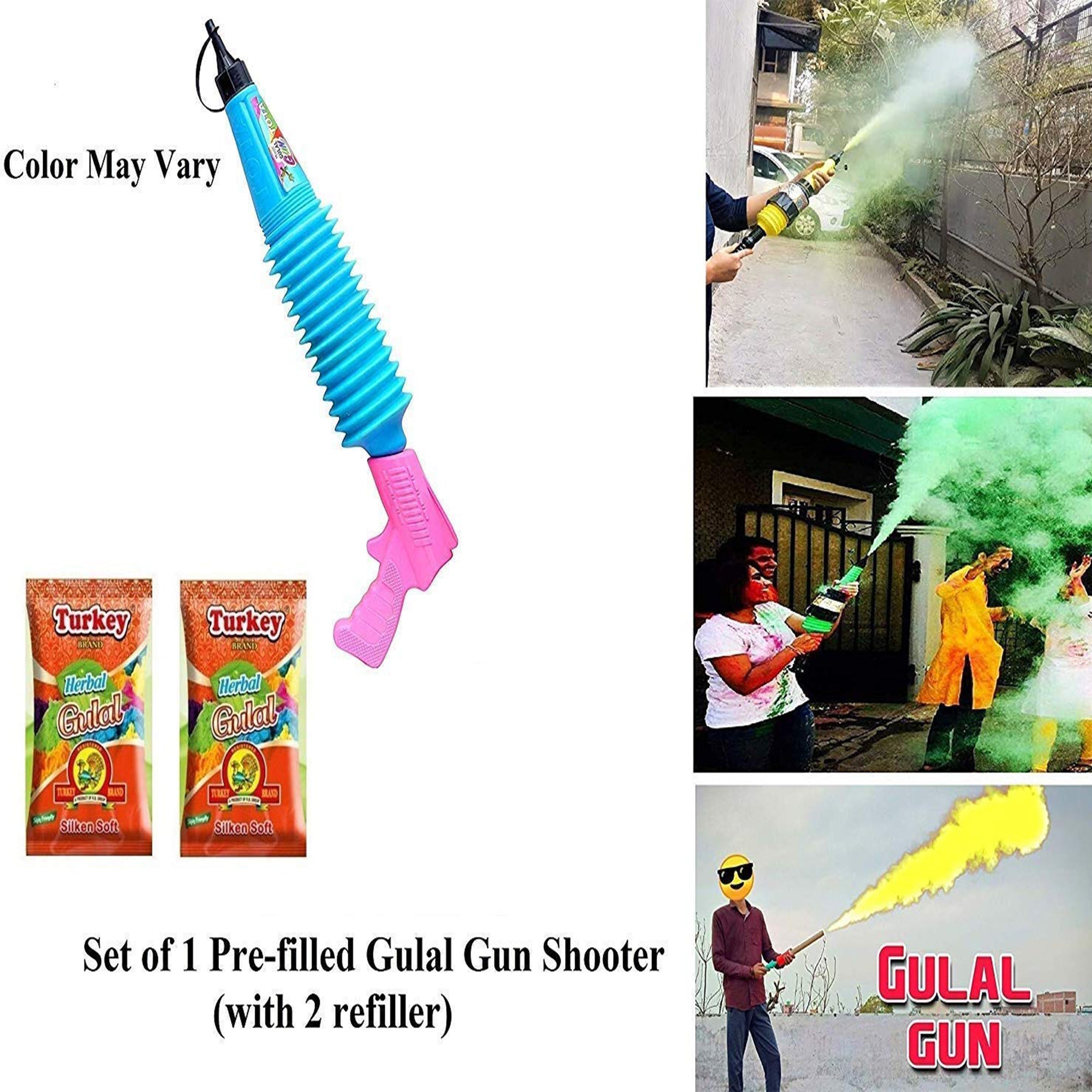 Gun for Holi - Sprays Dry Colors in Air | Natural and Herbal Holi Kit for Kids Festivals and Holi Celebrations - 1 Refillable Pichkari and 2 Packets of Gulal Colors