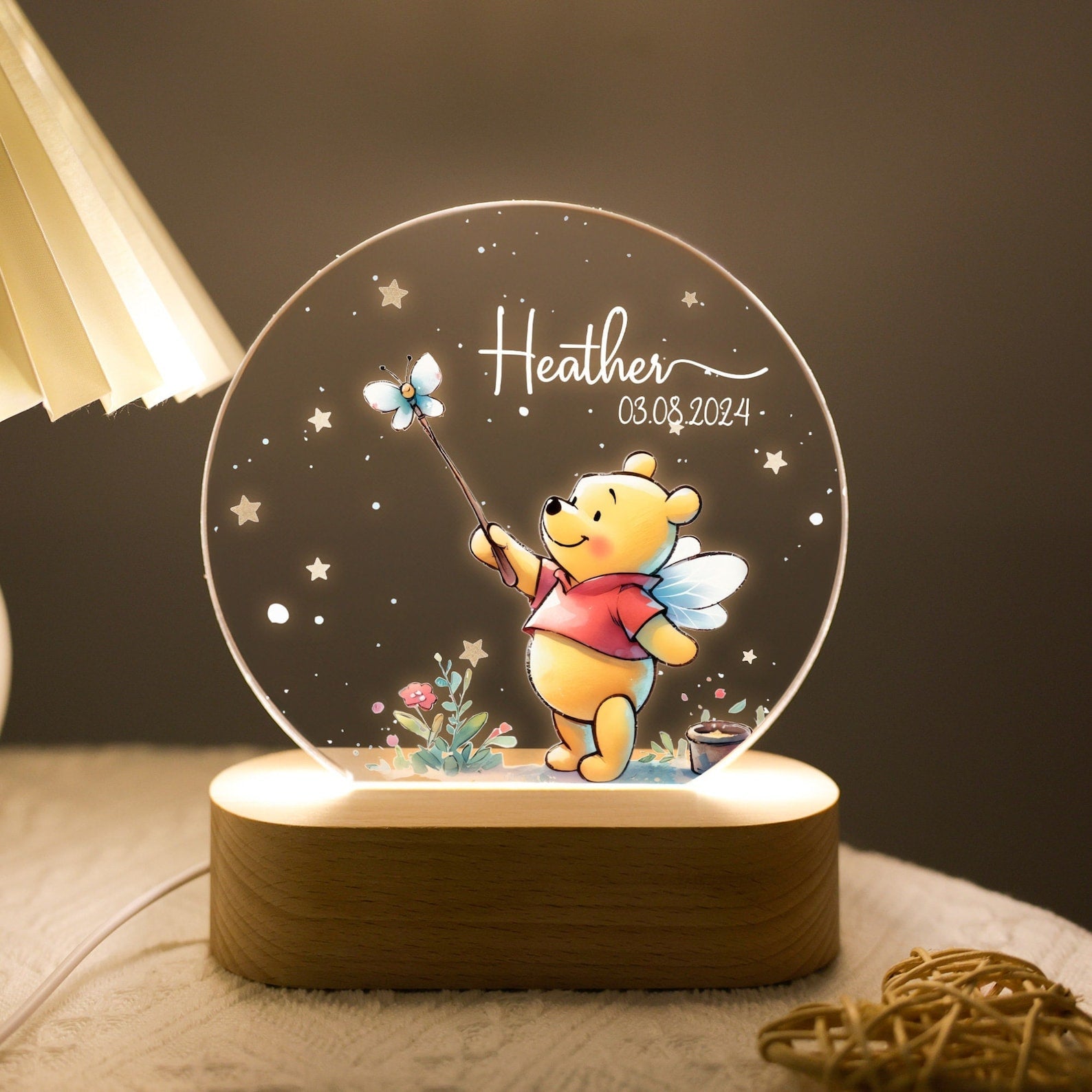 Personalized Pooh Bear Acrylic Night Light – Custom Baby LED Lamp | Cute Animal Plaque for Nursery, Kids Room & Baby Gifts