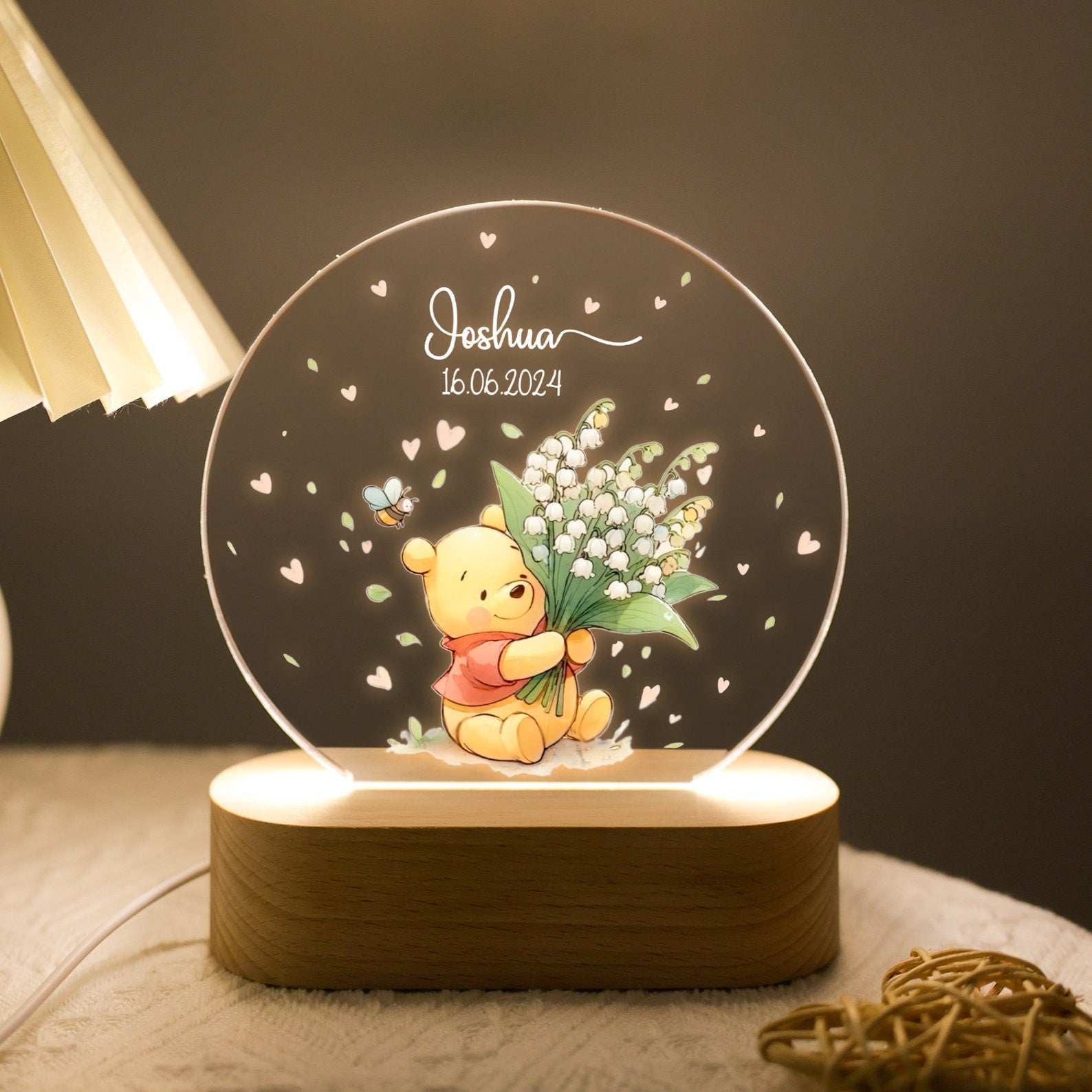 Personalized Pooh Bear Acrylic Night Light – Custom Baby LED Lamp | Cute Animal Plaque for Nursery, Kids Room & Baby Gifts