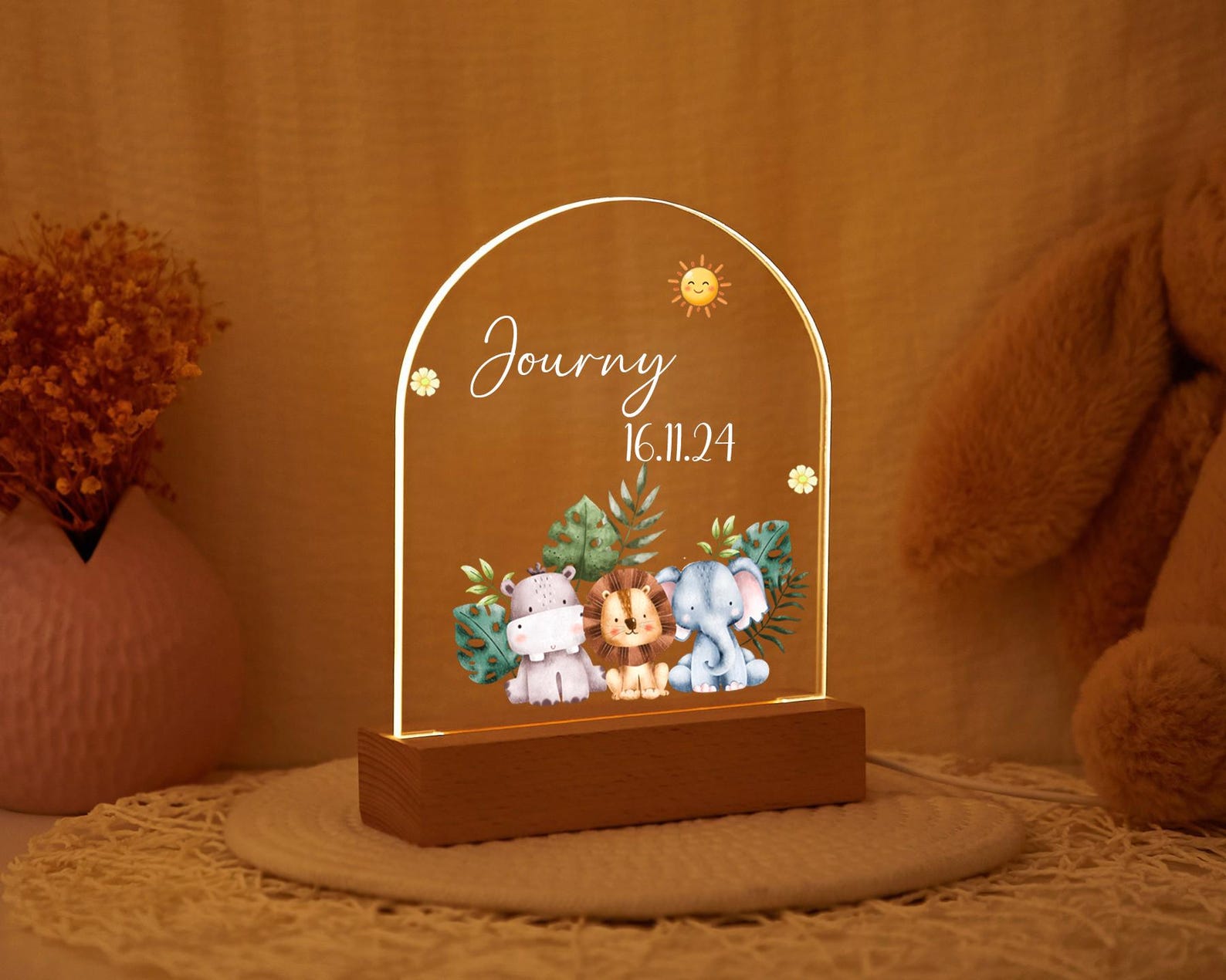 Personalised LED Animal Lamp,Safari Jungle Animals Light,Animals Night Lamp,Birth Gift for Kids,Baby Bedside Lamp,1st Birthday Gift.