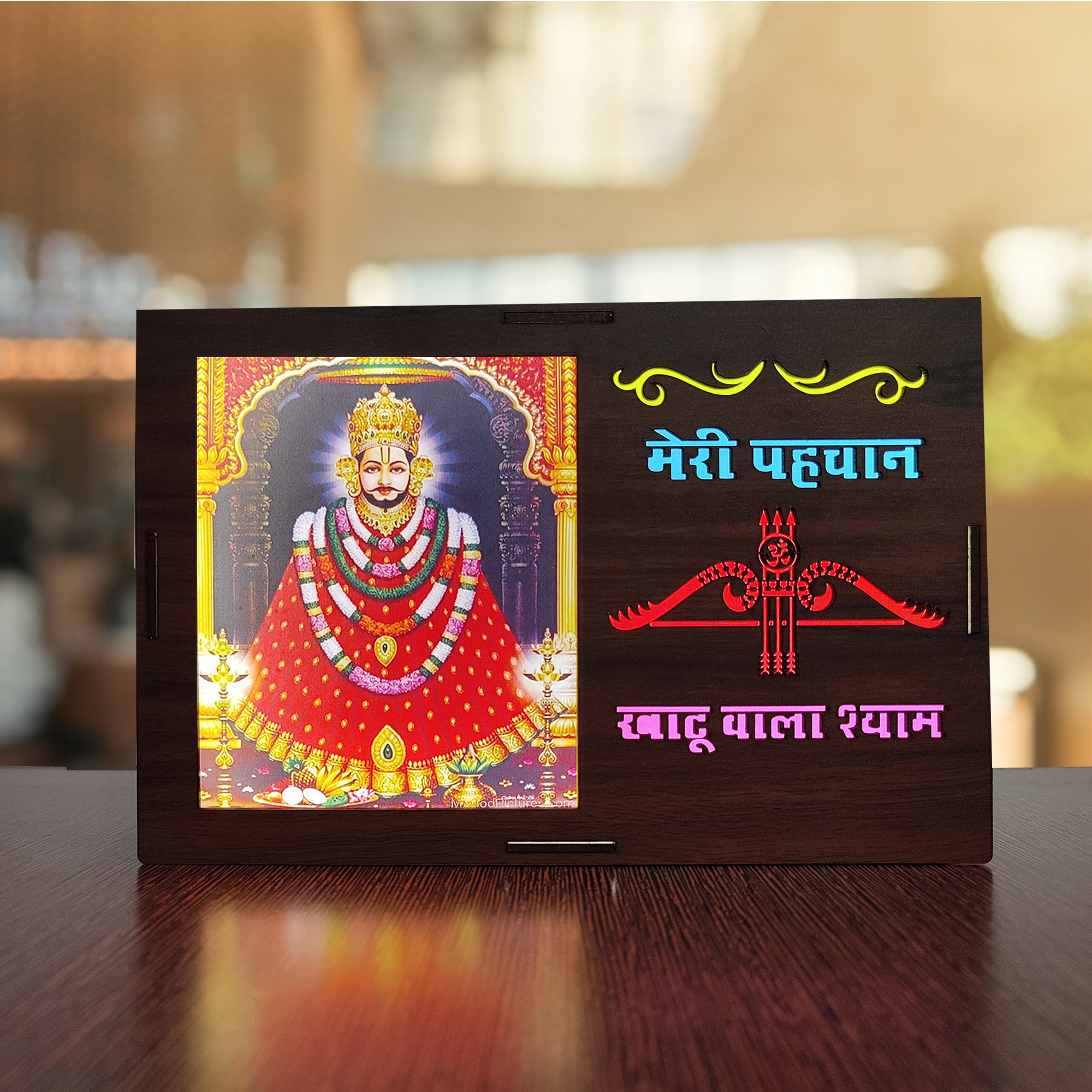 MDF Wood Art Work Led Frame Wooden Color with Laser Cut Finish (Led Khatu Shyam Photo Frame)
