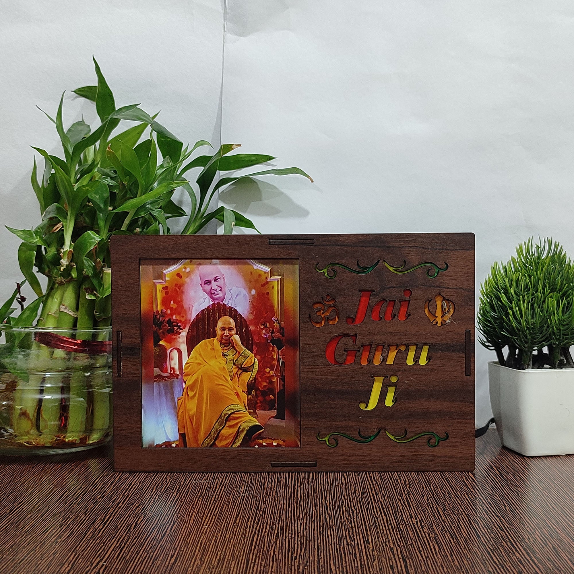 MDF Wood Art Work Led Frame Wooden Color with Laser Cut Finish (Led Jai Guru Ji 3 Frame)
