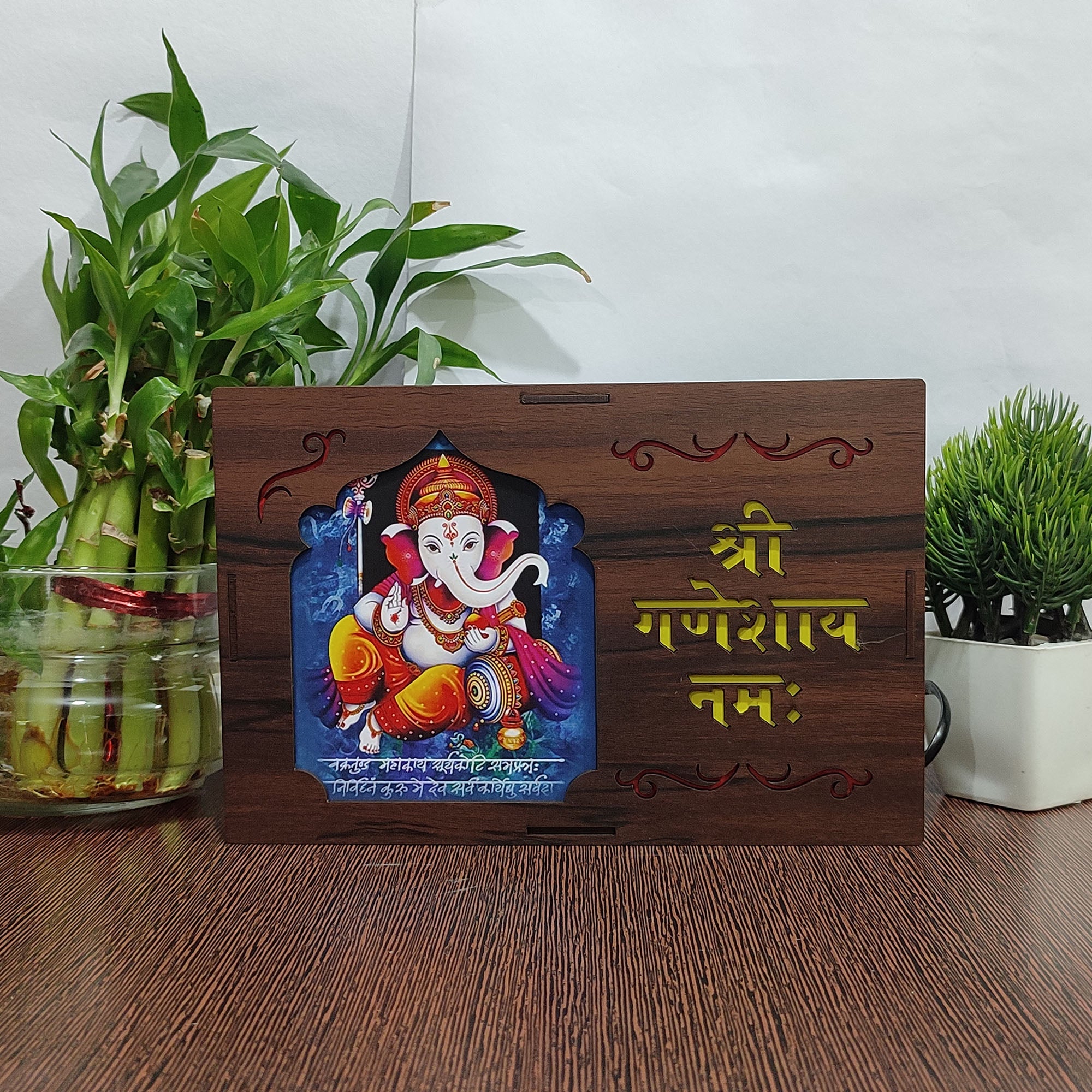 MDF Wood Art Work Led Frame Wooden Color with Laser Cut Finish (Led Ganesh 2 Frame)