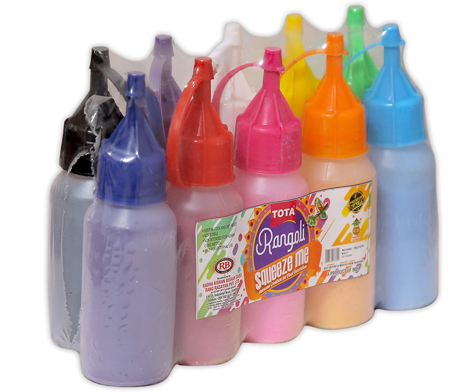 Rangoli Colour Powder Bottles Kolam Rangoli Powder for Floor Rangoli, Art,Home Decor, Pooja.Set of 10 Rangoli Colors in Plastic Squeeze Bottles - 800 Gm