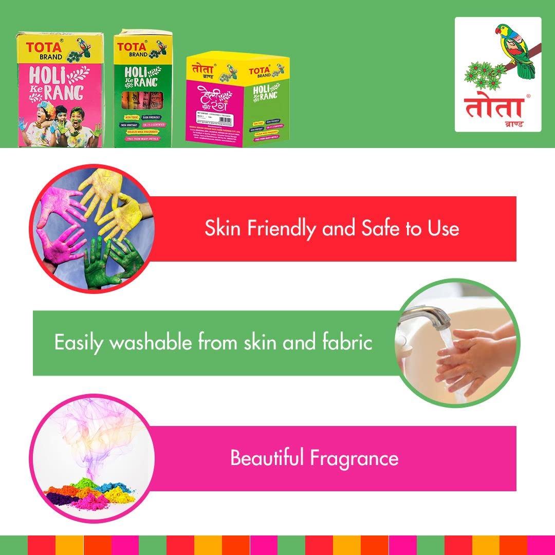 TOTA Holi Ke Rang – 5 Shades of Gulal Holi Colours | Red Orange Green Yellow Pink | 100% NonToxic Herbal Holi Color Gift Box – 375 Gm