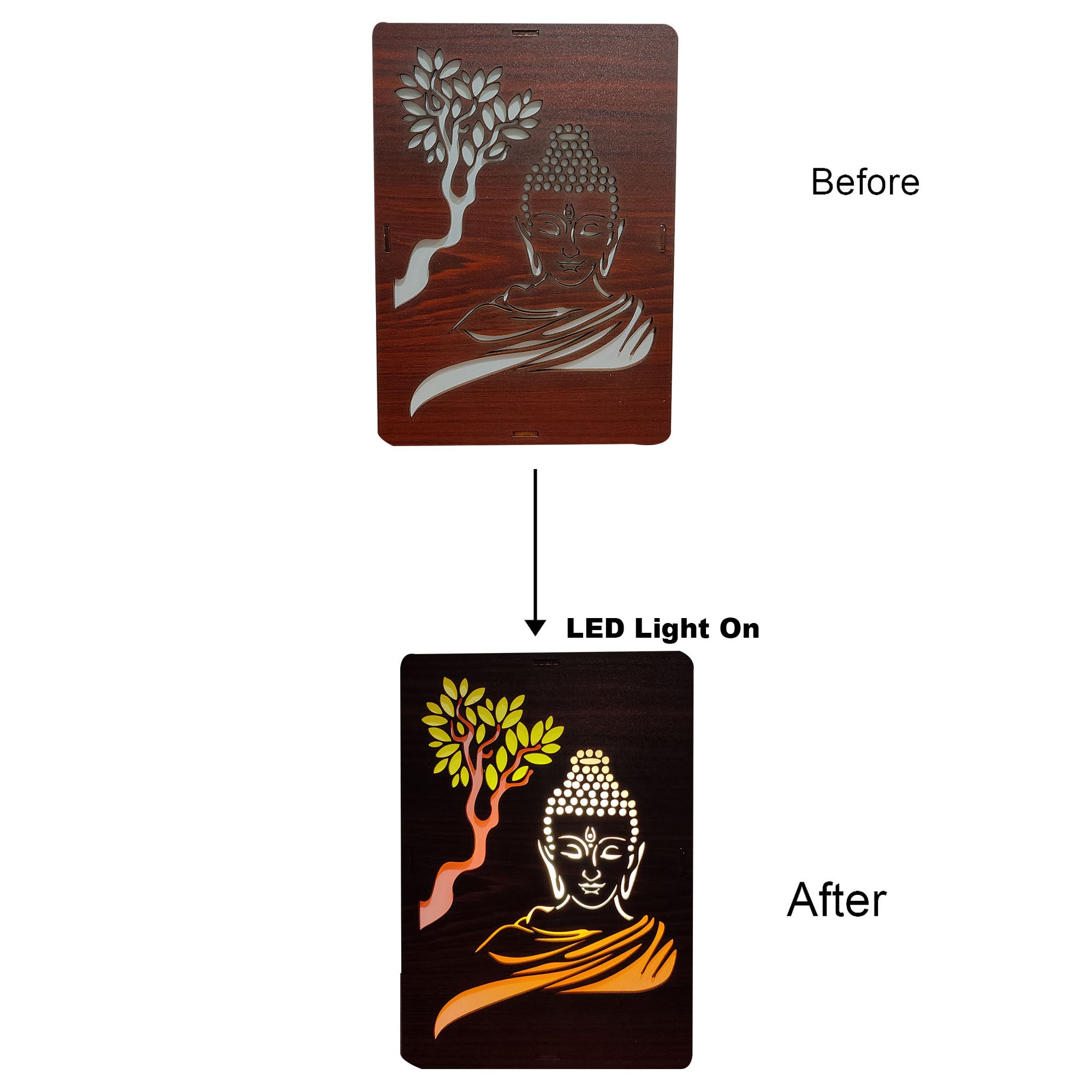 MDF Wood Art Work Led Frame Wooden Color with Laser Cut Finish (Led Lord Buddha Frame)
