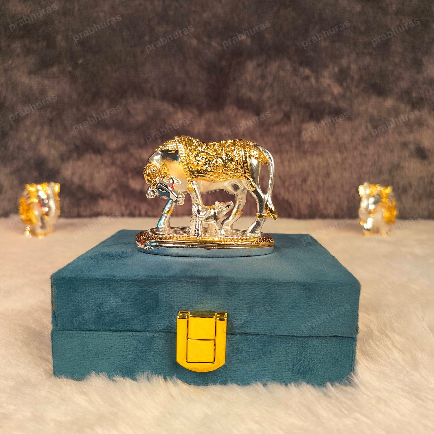 24 Carat Gold and 999 Silver Plated Kamdhenu Cow and Calf Statue