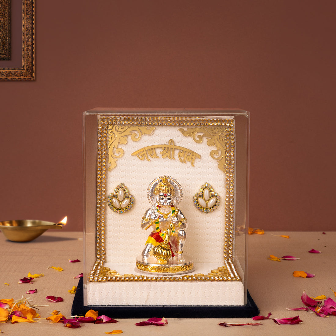 Jai Shree Ram Hanuman Ji Idol in Decorative Acrylic Case Gold And Silver Coated | Divine Tabletop Showpiece for Home &amp; Office Mandir
