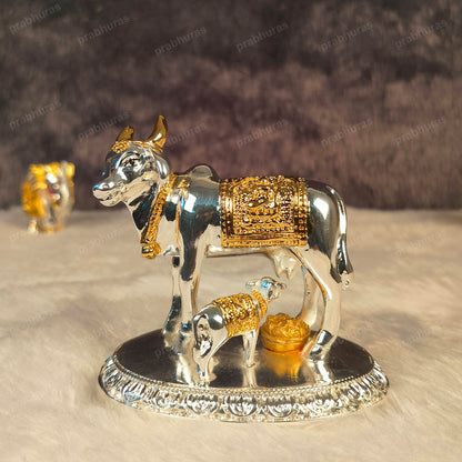 24 Carat Gold and 999 Silver Plated Kamdhenu Cow and Calf Statue