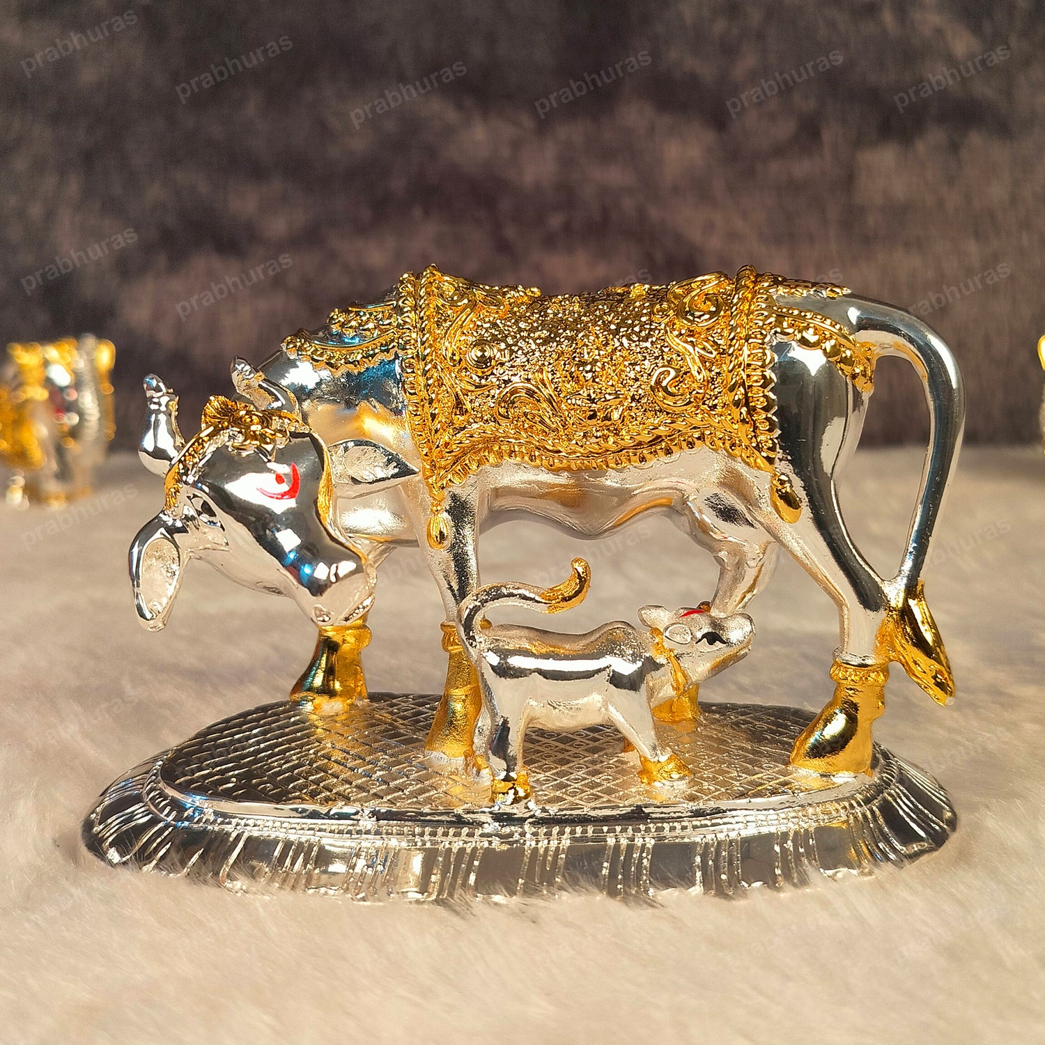 24 Carat Gold and 999 Silver Plated Kamdhenu Cow and Calf Statue