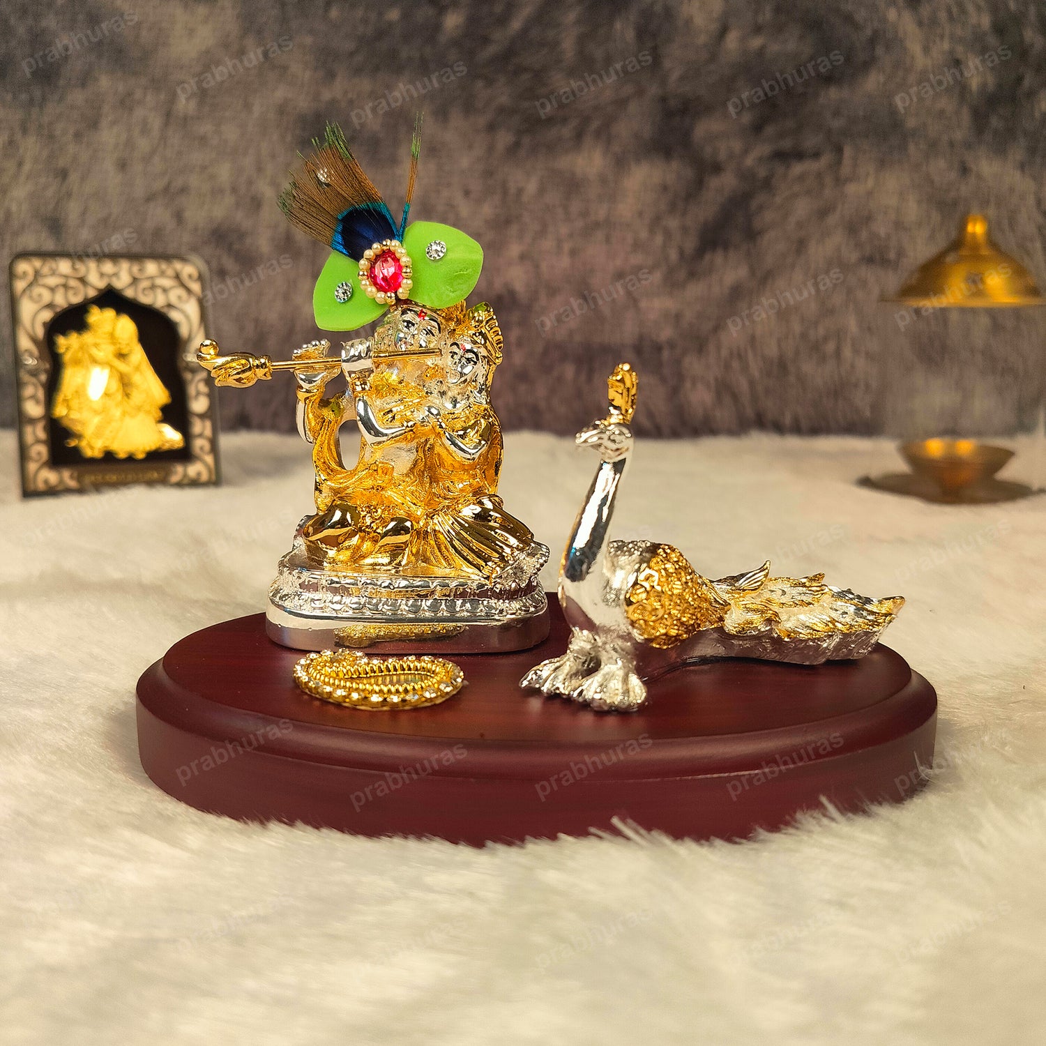 Shree Radhe Krishna Ji Murti Gold And Silver Coated With Mor