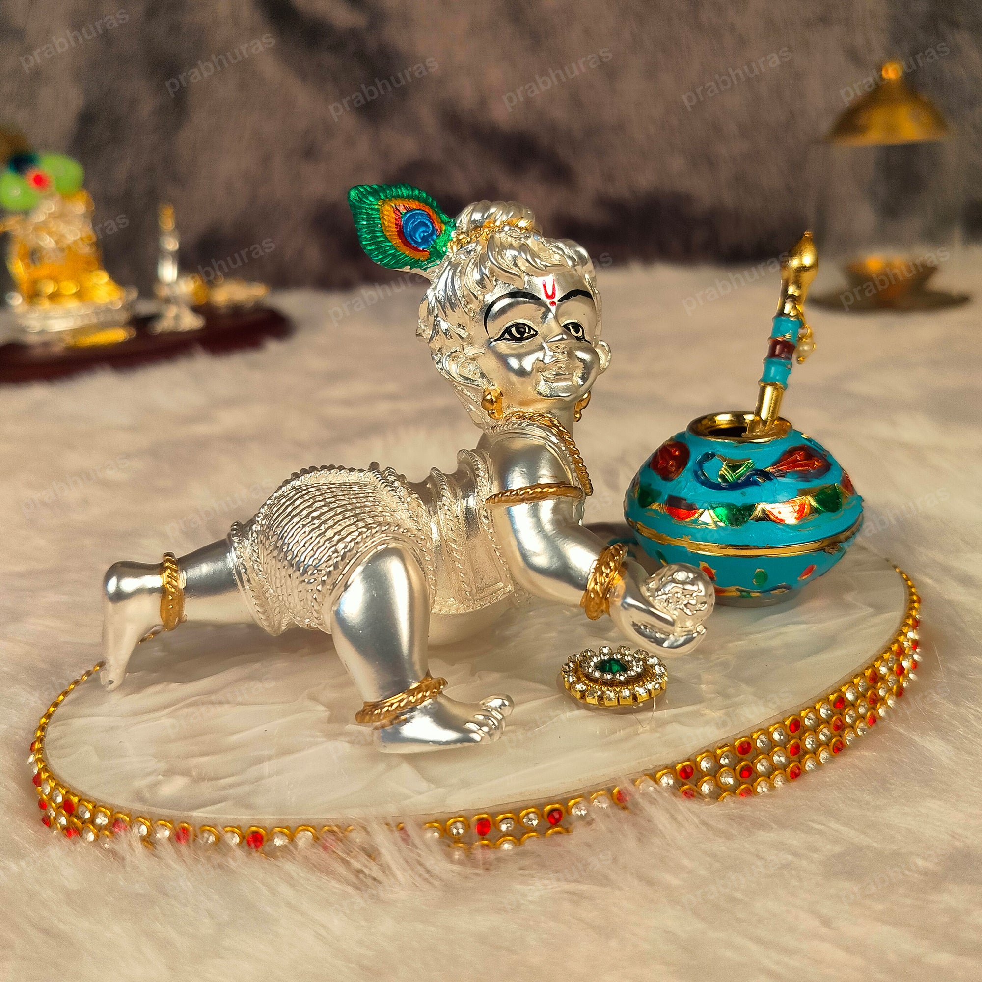 Shree Bal Krishna With Matki Silver Coated