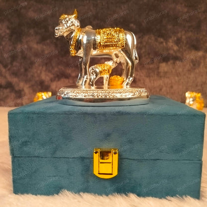 24 Carat Gold and 999 Silver Plated Kamdhenu Cow and Calf Statue