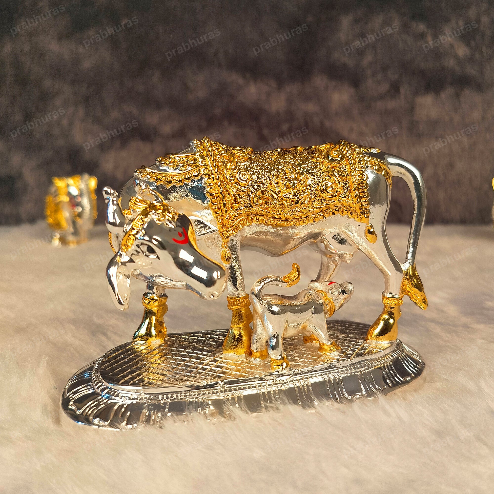 24 Carat Gold and 999 Silver Plated Kamdhenu Cow and Calf Statue