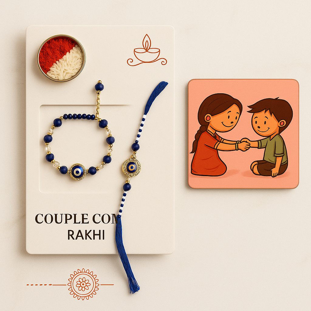 Bhaiya Bhabhi Rakhi Set with Evil Eye Charm, Coaster &amp; Kumkum Chawal | Couple Combo Rakhi Gift with Assorted Color | Raksha Bandhan Special