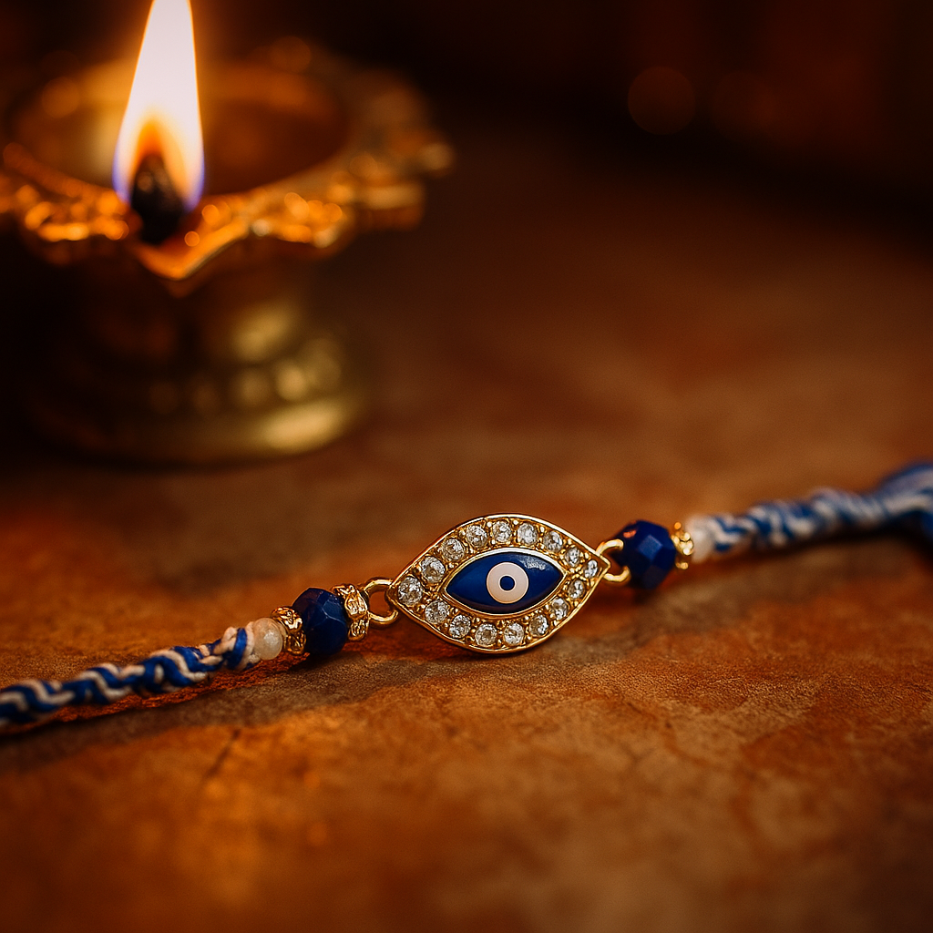 Evil Eye Rakhi with Coaster &amp; Kumkum Chawal | Protective Raksha Bandhan Gift Combo