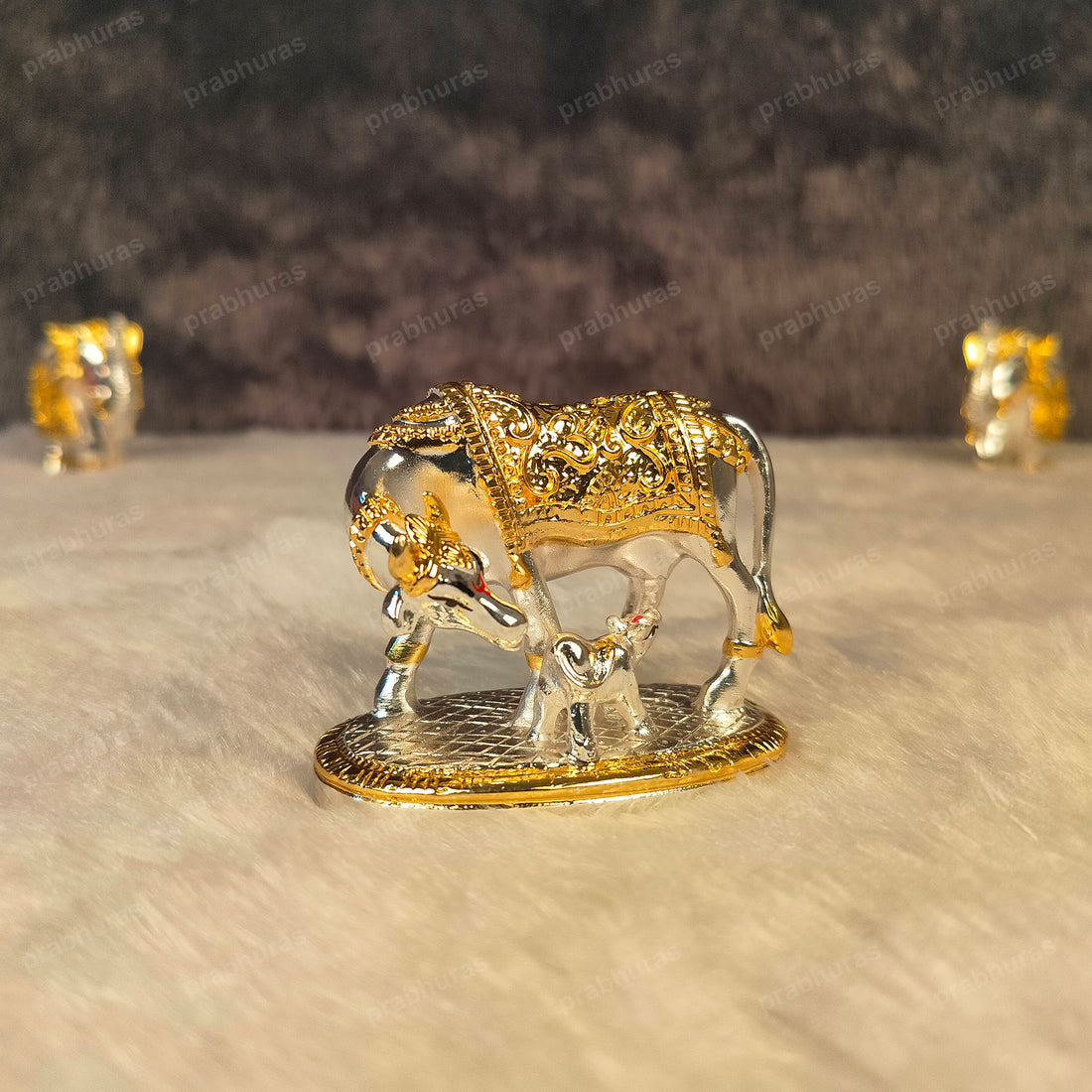 24 Carat Gold and 999 Silver Plated Kamdhenu Cow and Calf Statue