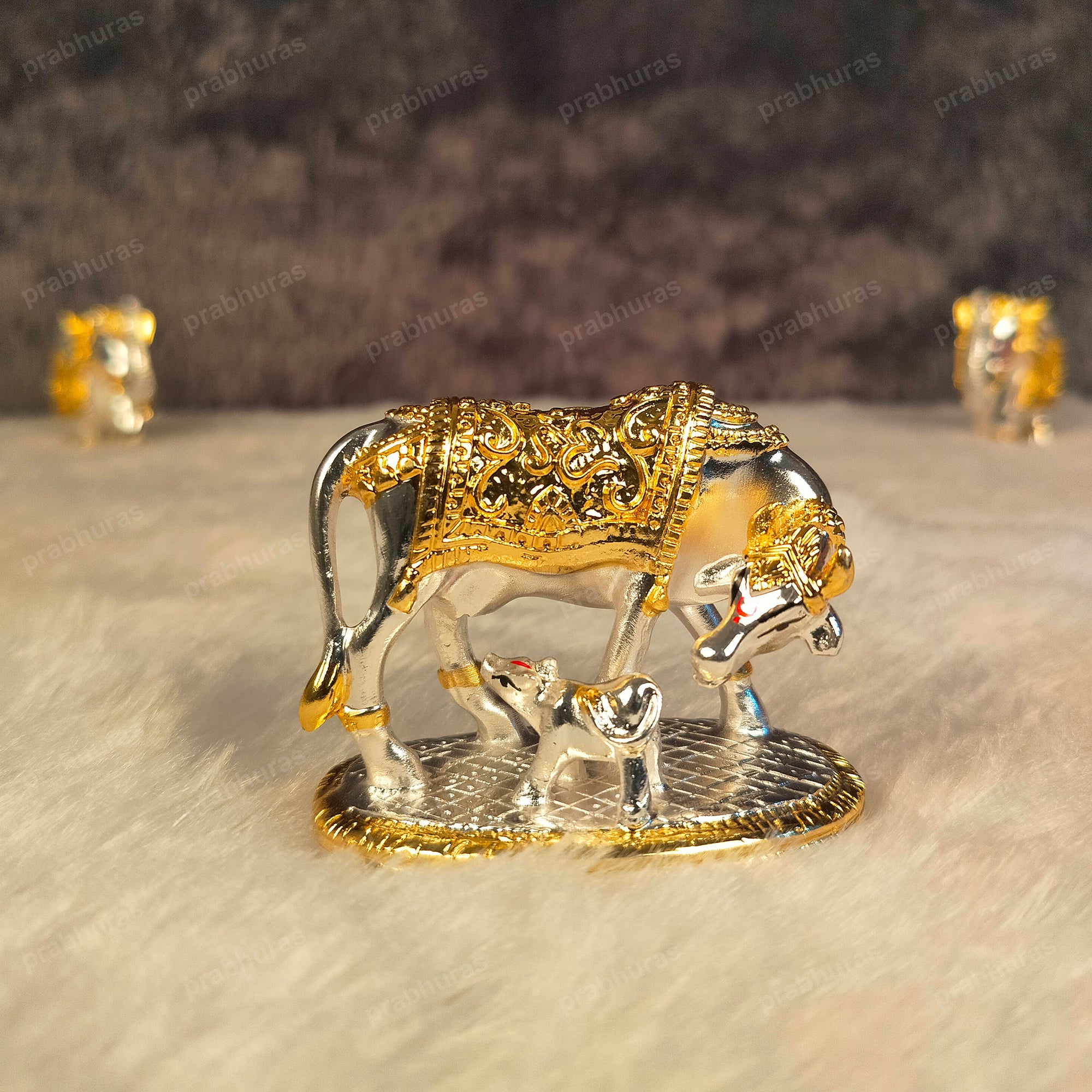 24 Carat Gold and 999 Silver Plated Kamdhenu Cow and Calf Statue