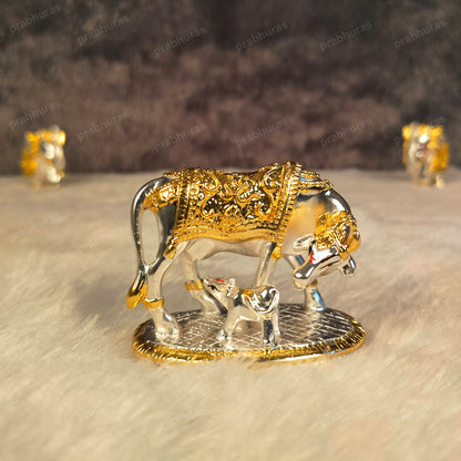 24 Carat Gold and 999 Silver Plated Kamdhenu Cow and Calf Statue