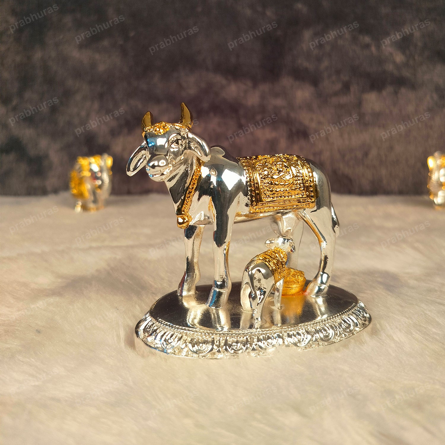 24 Carat Gold and 999 Silver Plated Kamdhenu Cow and Calf Statue