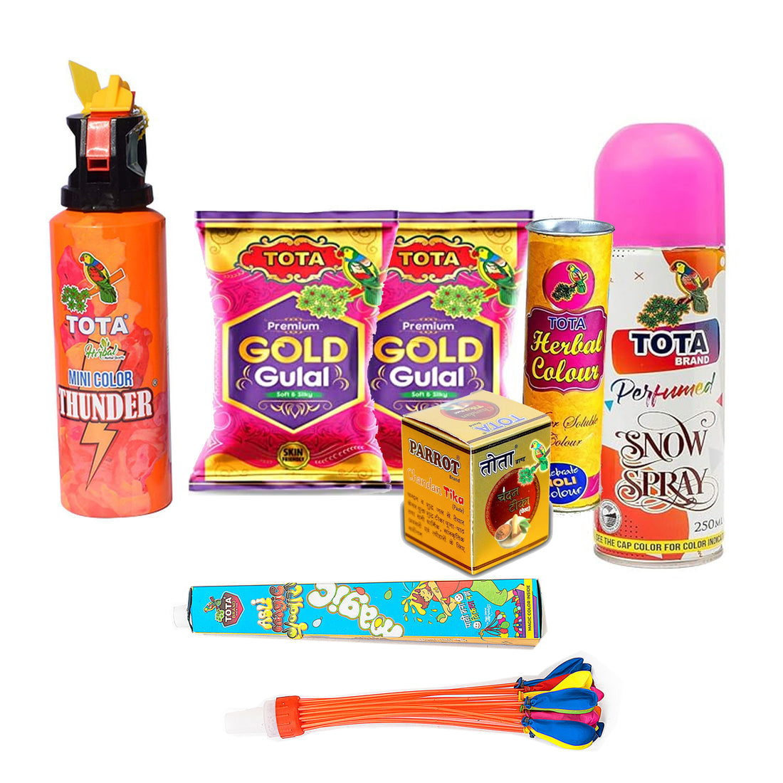 Holi Festival Combo Gift Pack with Gold Gulal, Thunder Spray, Snow Spray, Herbal Colour, Balloons