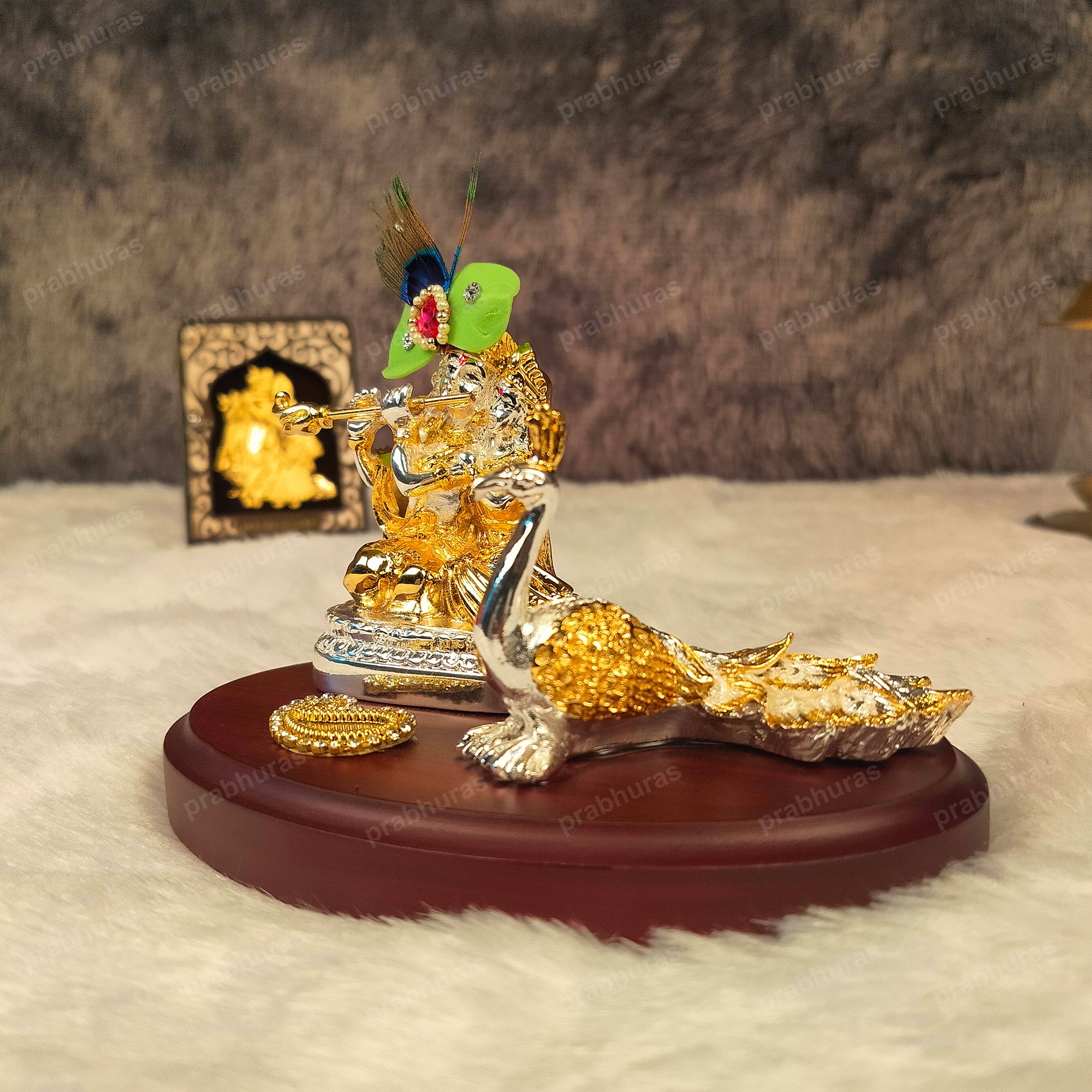 Shree Radhe Krishna Ji Murti Gold And Silver Coated With Mor