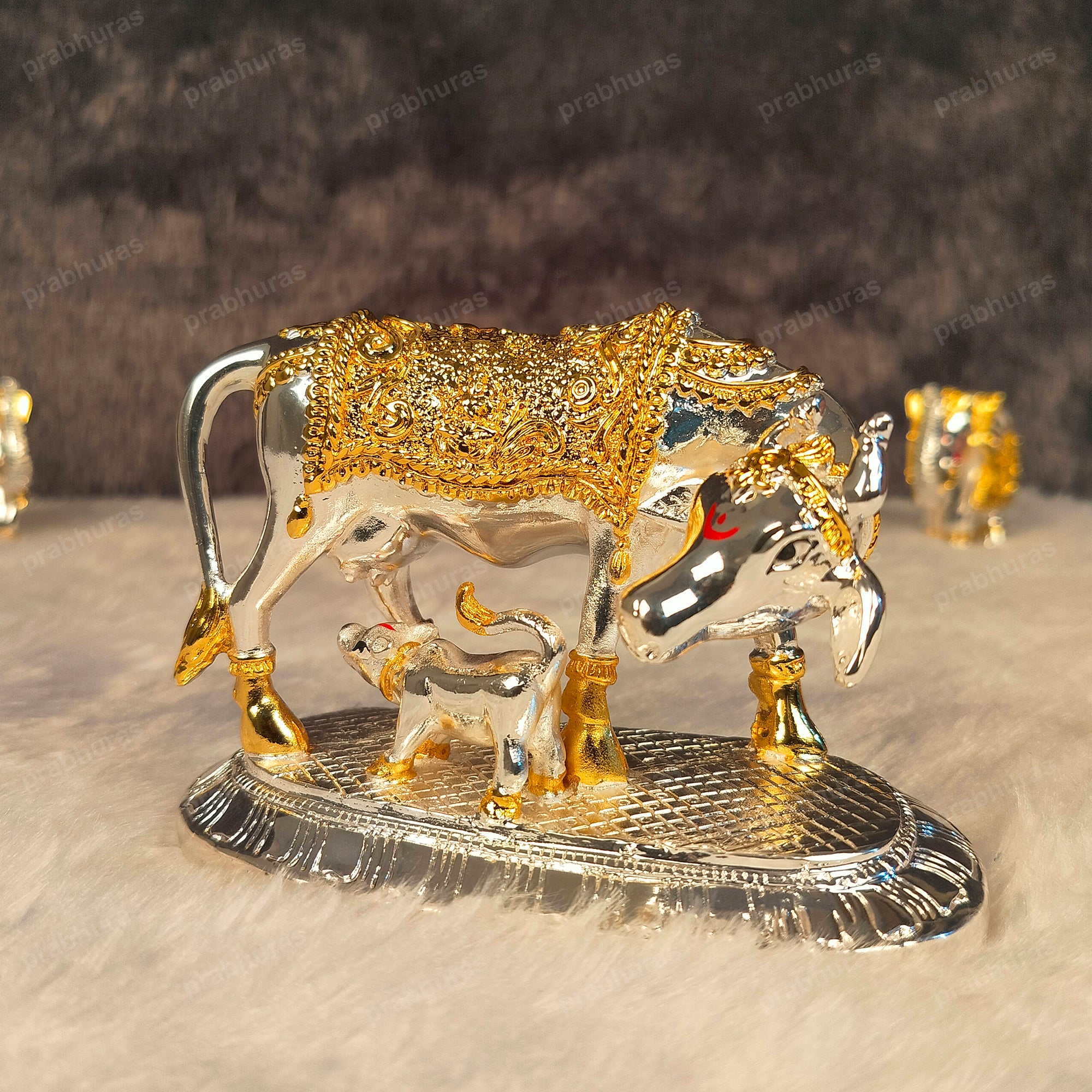 24 Carat Gold and 999 Silver Plated Kamdhenu Cow and Calf Statue