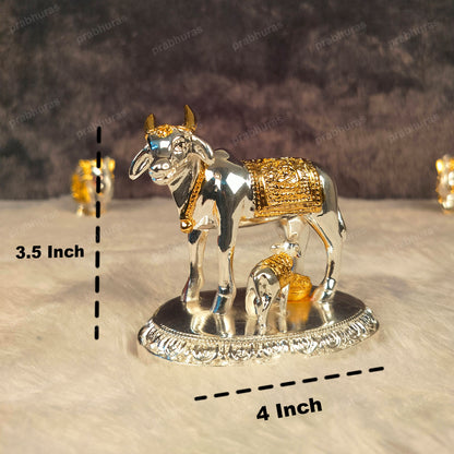 24 Carat Gold and 999 Silver Plated Kamdhenu Cow and Calf Statue