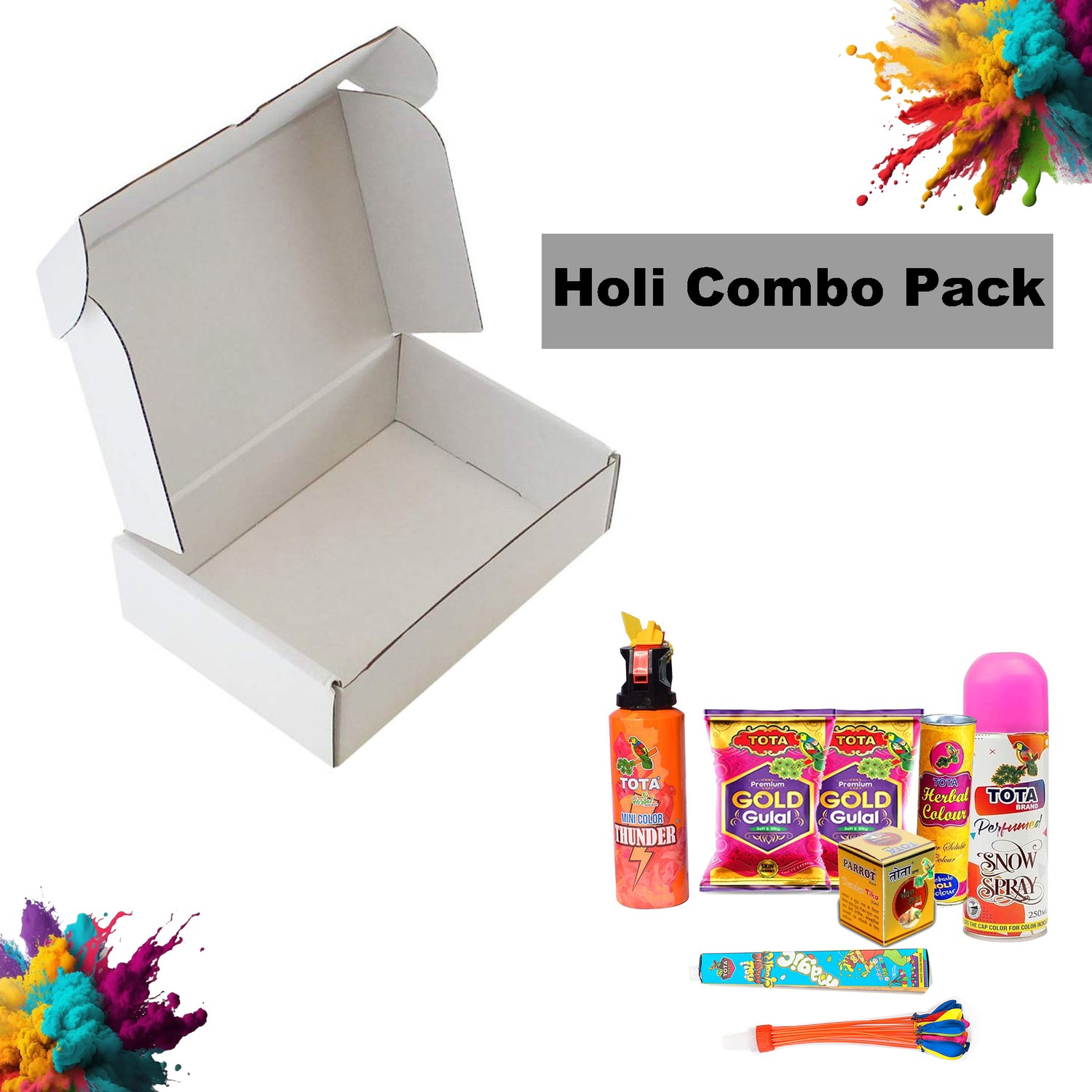 Holi Festival Combo Gift Pack with Gold Gulal, Thunder Spray, Snow Spray, Herbal Colour, Balloons