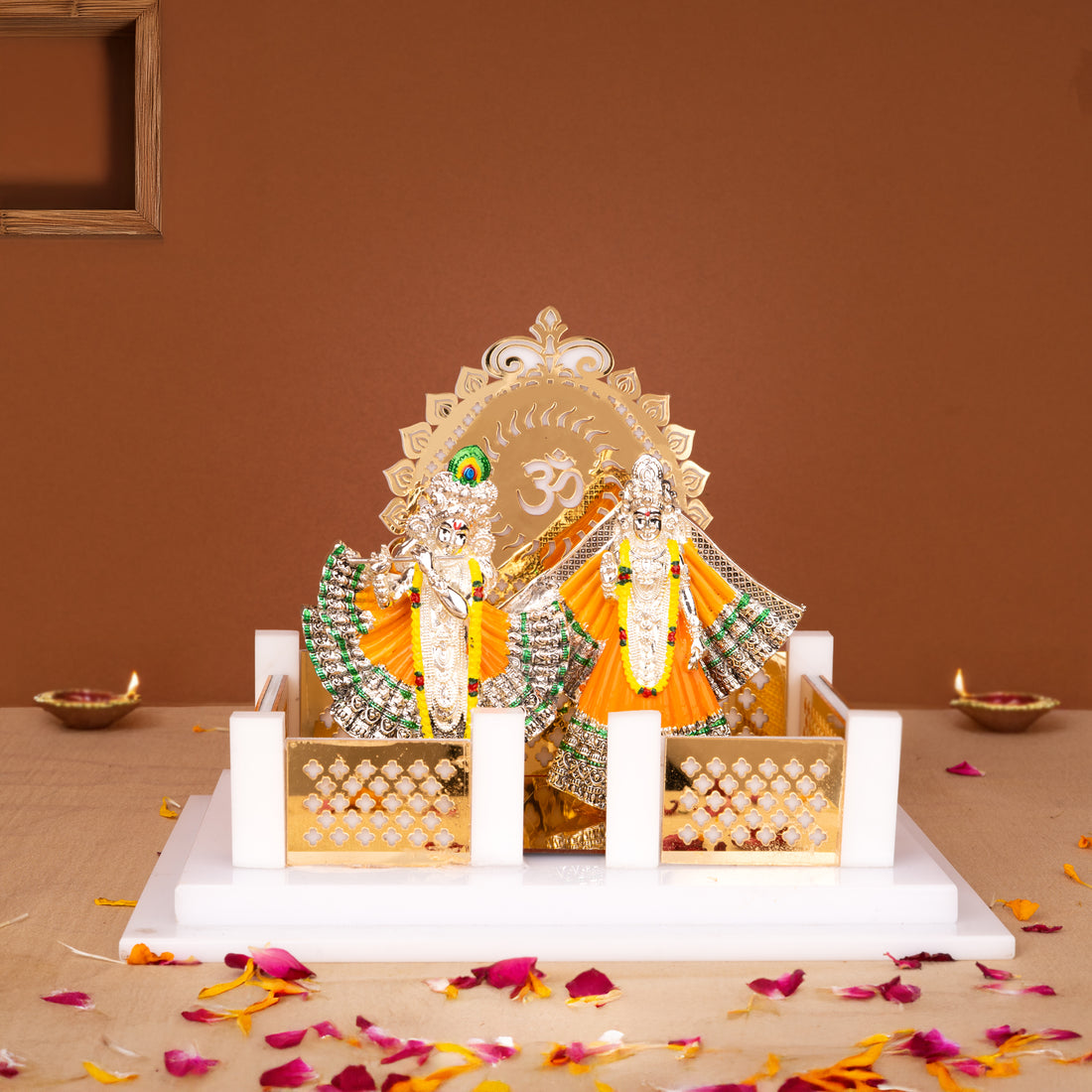 Radha Krishna Idol with Acrylic Temple Gold And Silver Divine Decorative Showpiece for Home Mandir &amp; Gifting