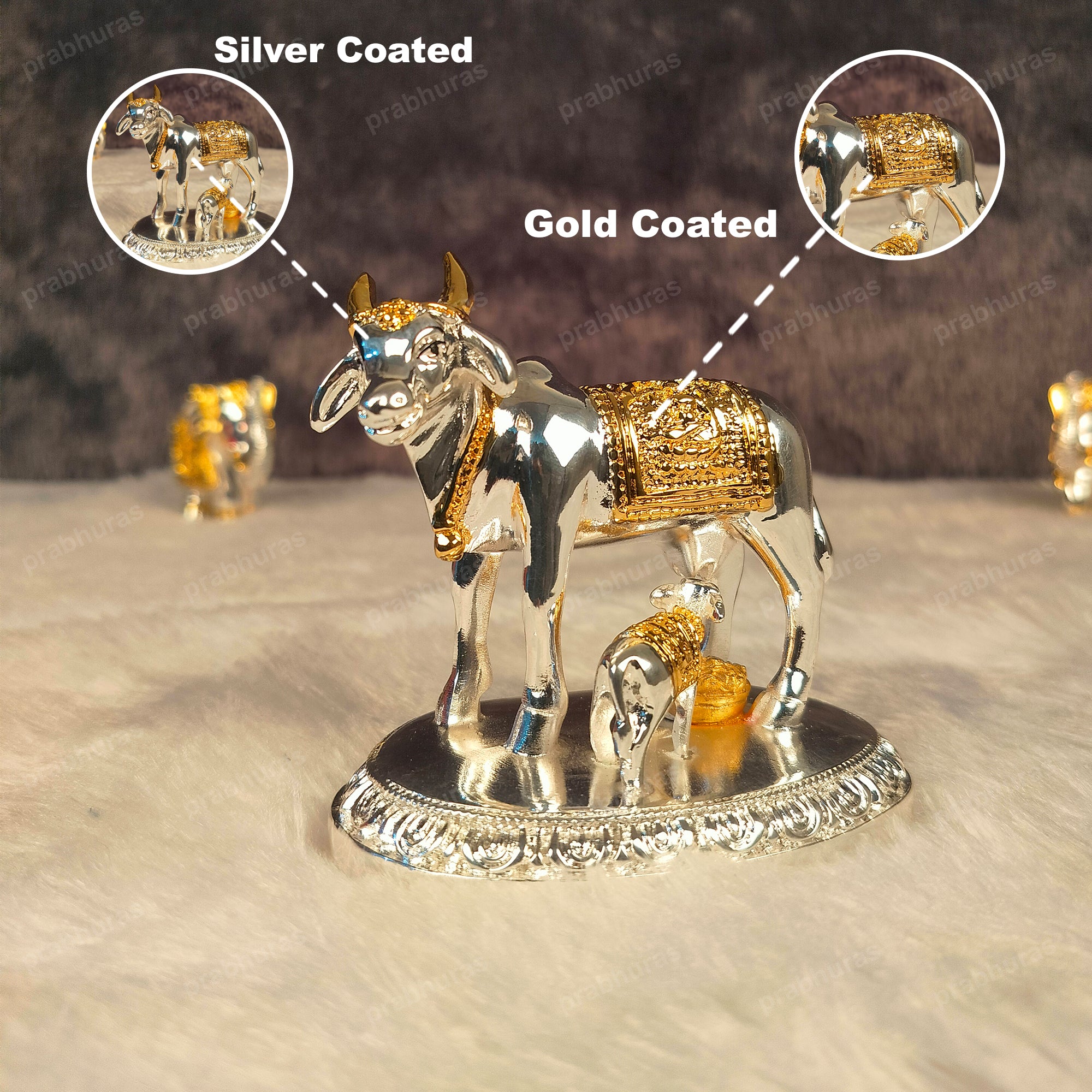 24 Carat Gold and 999 Silver Plated Kamdhenu Cow and Calf Statue