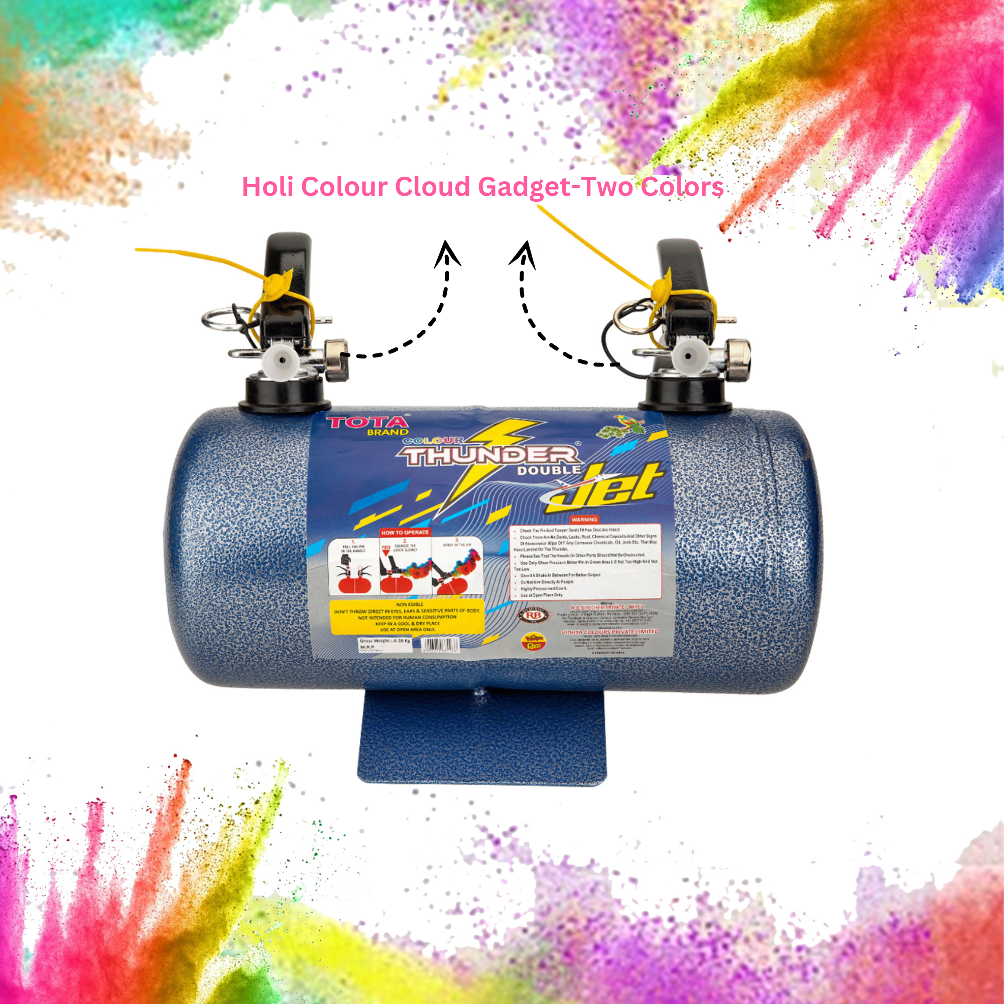 Tota Thunder Double Jet Holi Colour Cloud Gadget-Two Colors One Time Use Holi Cylinder - 5 Kg Natural and Herbal Gulal for Holi and Photoshoots