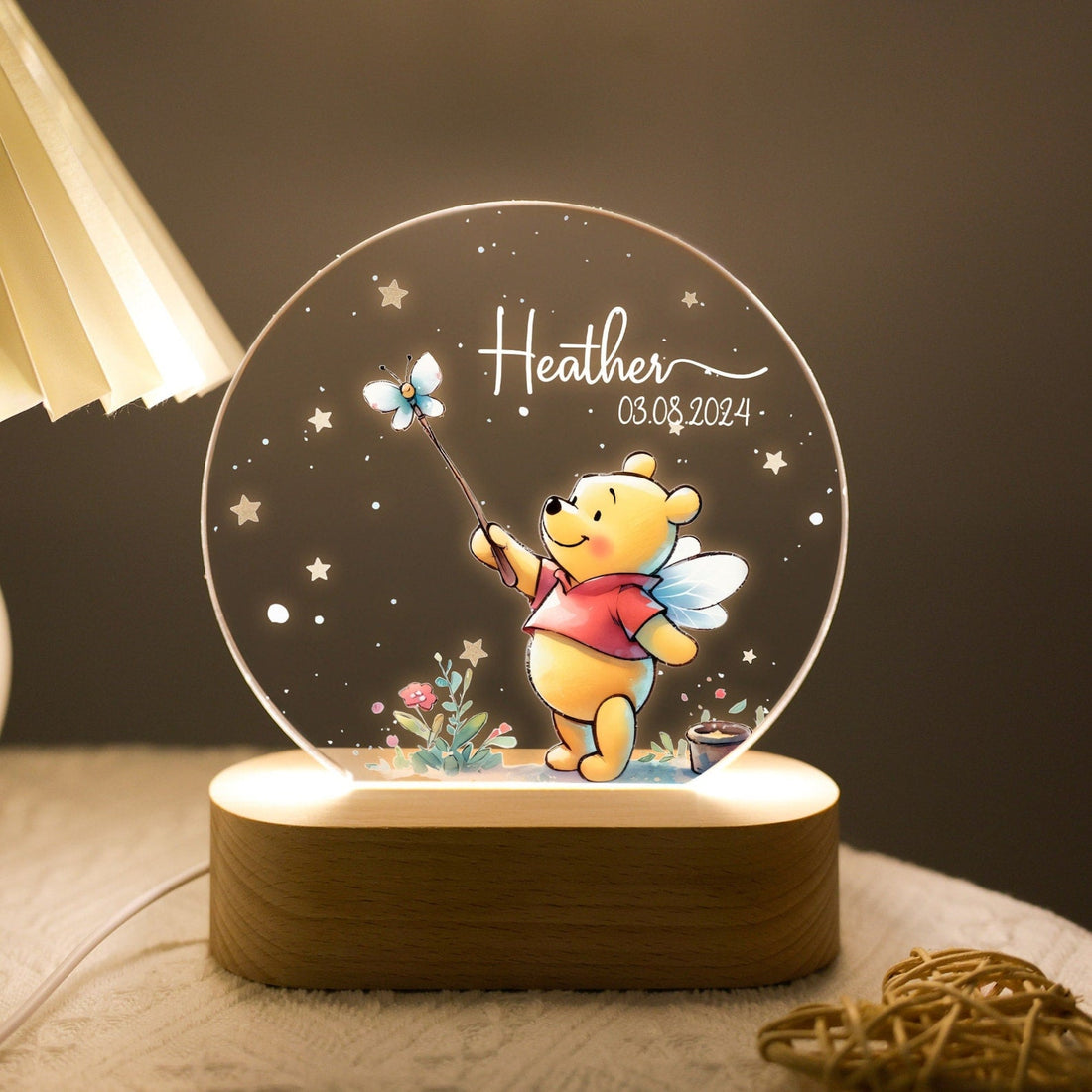 Personalized Pooh Bear Acrylic Night Light – Custom Baby LED Lamp | Cute Animal Plaque for Nursery, Kids Room &amp; Baby Gifts
