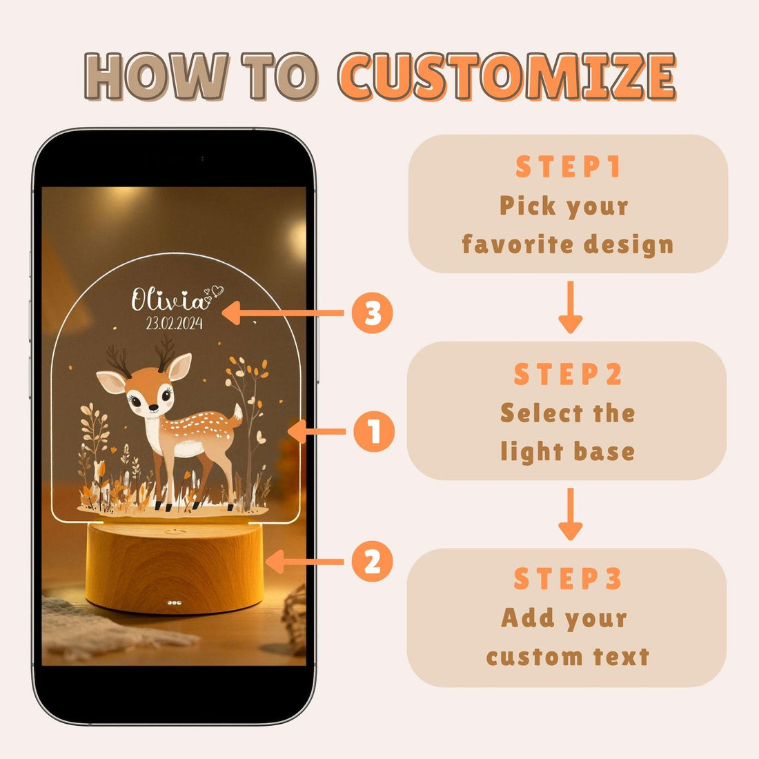 Deer Custom Name Lamp For Kids,Cute Personalised Night Light For Baby,Newborn Nursery Lamp,Boys Girls Bedroom Decor,Children&