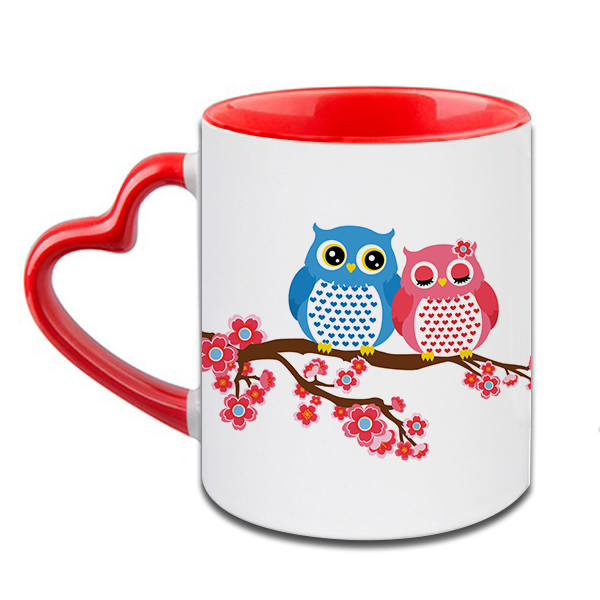 Owl Love Heart Handle Ceramic  Red Mug / 350 Ml