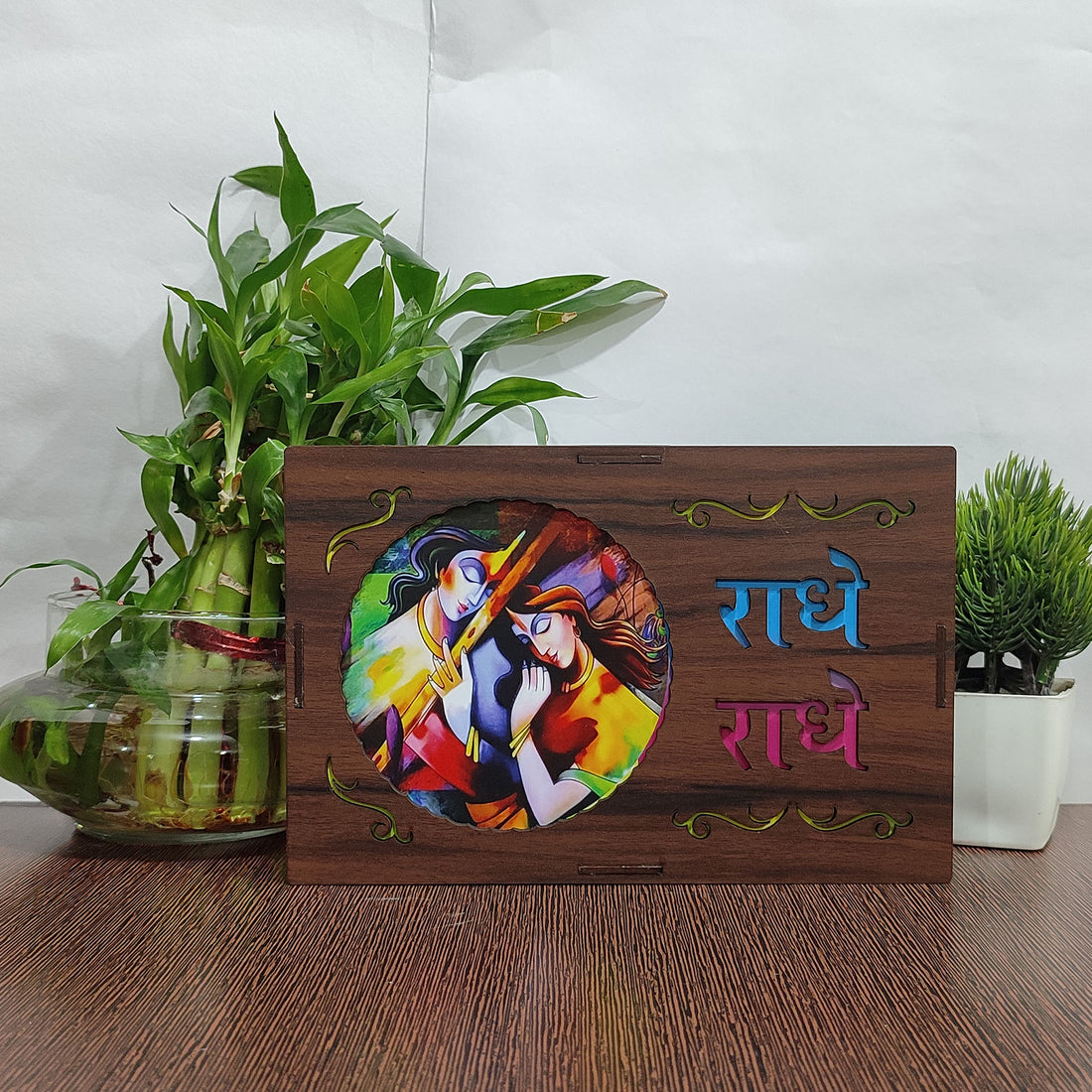 Wood Art Work Led Frame Wooden Color with Laser Cut Finish (Led Radhe Radhe Frame)