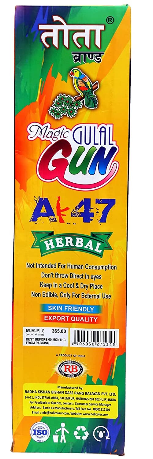 Tota Natural and Herbal AK 47 Gulal Gun with Stand for Holi 56cm | Sprays Dry Colors in Air | Holi Kit for Kids, Festivals, Celebrations with 2 Packets of Gulal Colors