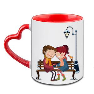 Kissing Couple Heart Handle Ceramic  Red Mug / 350 Ml