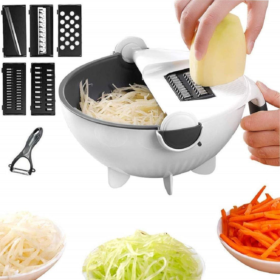 MULTIFUNCTION MAGIC ROTATE VEGETABLE CUTTER WITH DRAIN BASKET LARGE CAPACITY VEGETABLES CHOPPER VEGGIE SHREDDER GRATER PORTABLE SLICER KITCHEN TOOL WITH 5 DICING BLADES