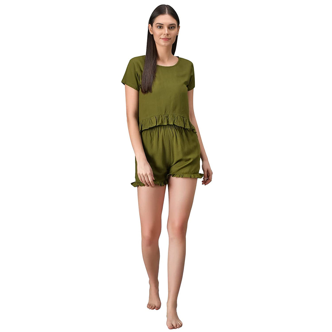 Women`s Solid Olive Green Nightsuit Top &amp; Shorts Set