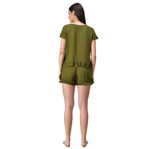 Women`s Solid Olive Green Nightsuit Top & Shorts Set