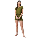 Women`s Solid Olive Green Nightsuit Top & Shorts Set
