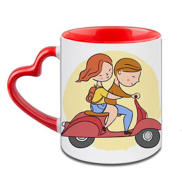 Love Couple Scooter Heart Handle Ceramic  Red Mug / 350 Ml